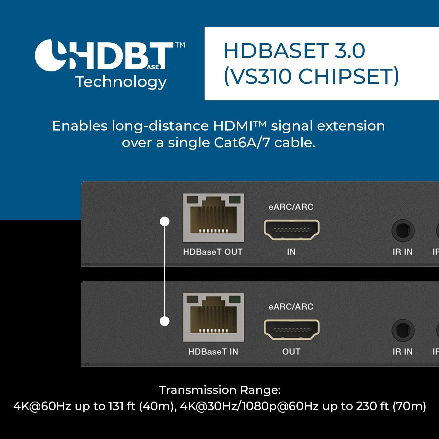 OREI 4K eARC HDMI Extender Balun HDBaseT 3.0 UltraHD 4K @ 60Hz 4:4:4 Over Single CAT6/7 Cable with LAN, CEC, ARC & Bi Directional IR Support, RS-232 Up to 130 Ft Audio Out - PoC