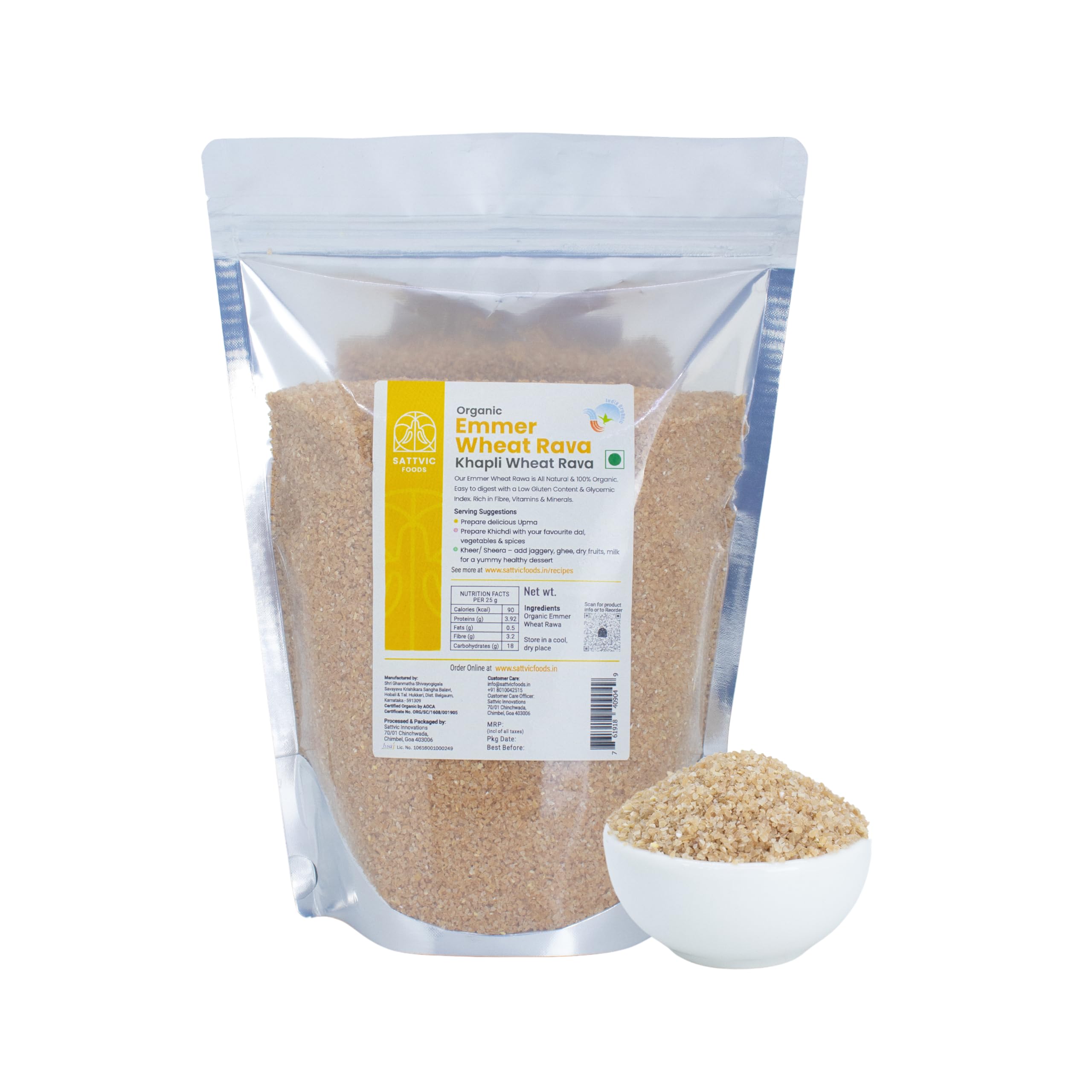 Sattvic Foods Emmer Wheat Semolina (900 g) Certified Organic Khapli Wheat Rava/Sooji | Low Gluten, High in Fibre & Protein Ancient Grain | Low GI & Aids in digestion | Make Upma, Idli, Dosa, Sheera (B0BFR8L5T9) Amazon Price History, Amazon Price Tracker