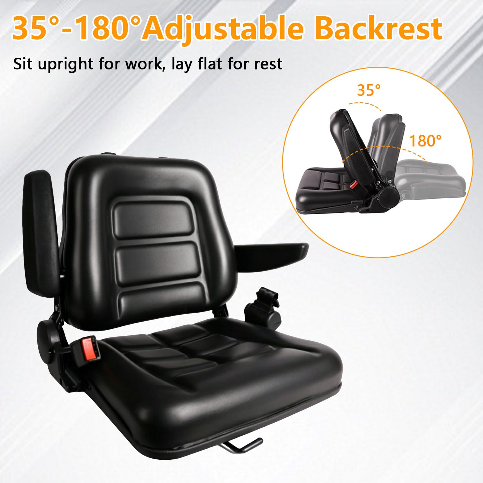 Asiento universal para montacargas, asiento de tractor con respaldo ajustable de 35°–180°, guía deslizante, apoyabrazos plegables y desmontables, cinturón de seguridad retráctil para montacargas