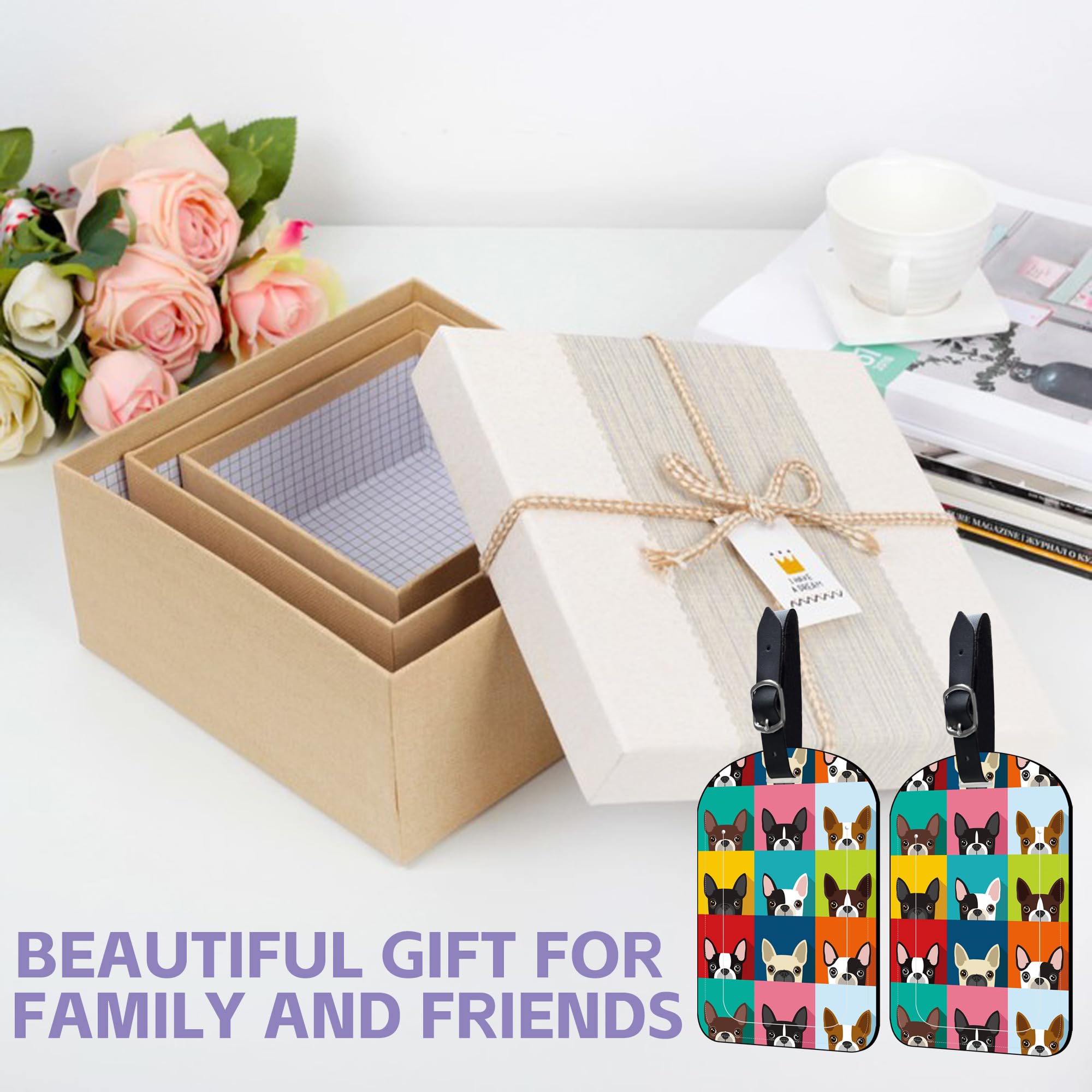 2 Pack Luggage Tags Boston Terrier PU Leather Baggage Handbag Suitcase Tags with Secure Strap Privacy Cover ID Labels,Business Travel Baggage Tag Identifier