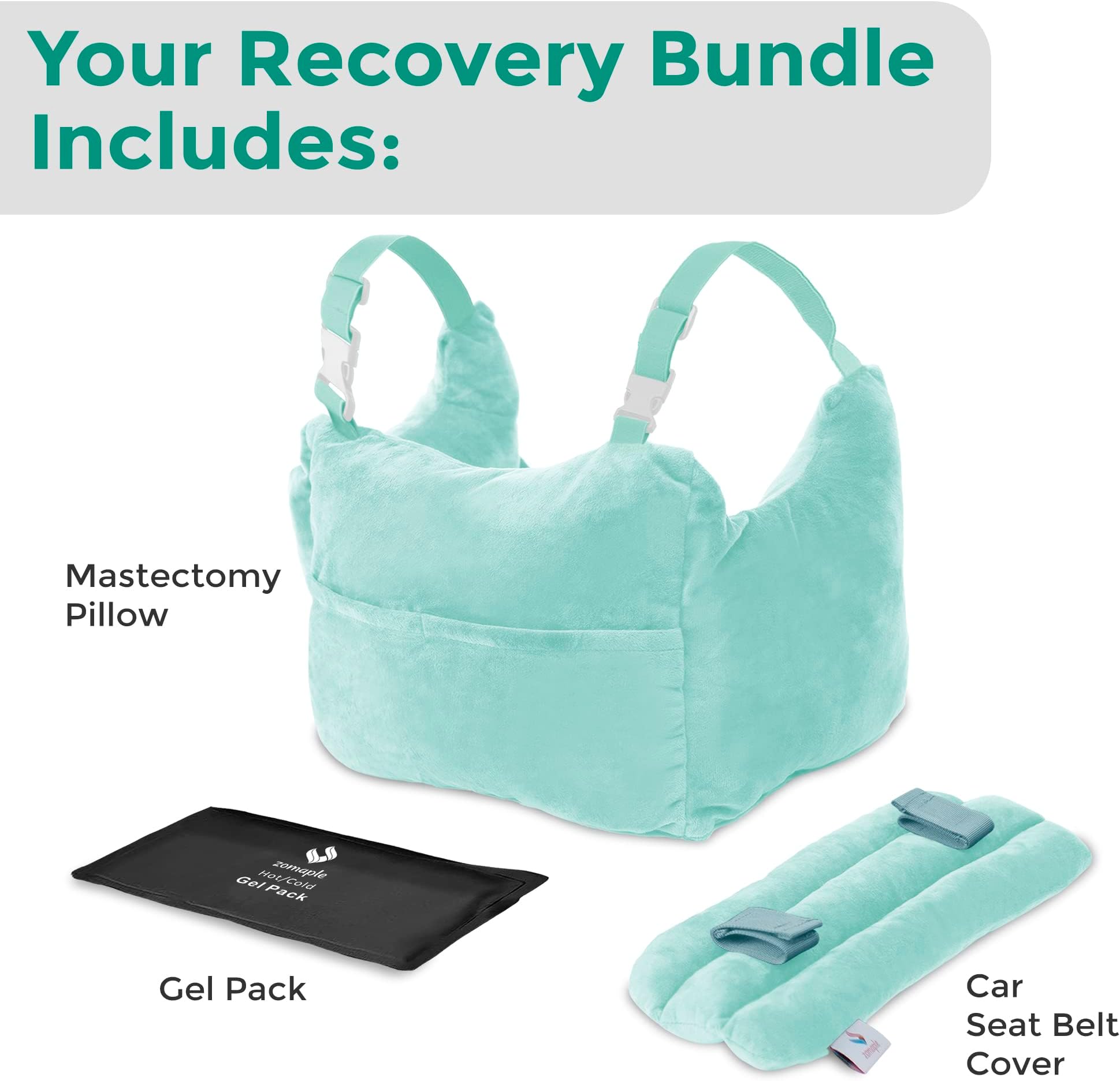 Zomaple Mastectomy Pillow - Post Surgery Pillow, Breast Pillow for After Heart Surgery Recovery, Double Mastectomy, Breast Reduction & Augmentation Patients - Car Seatbelt Cover & Gel Pack Bundle