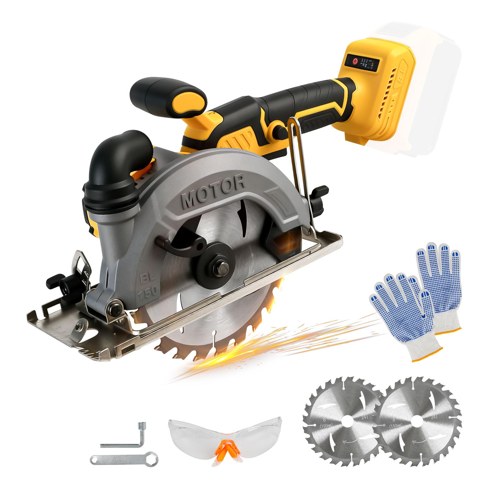 Sierra circular inalámbrica de 6 pulgadas compatible con batería Dewalt de 18 V y 20 V, profundidad máxima de corte de 50 mm, mini sierra circular sin escobillas de 0 a 45° con 2 cuchillas (150 mm