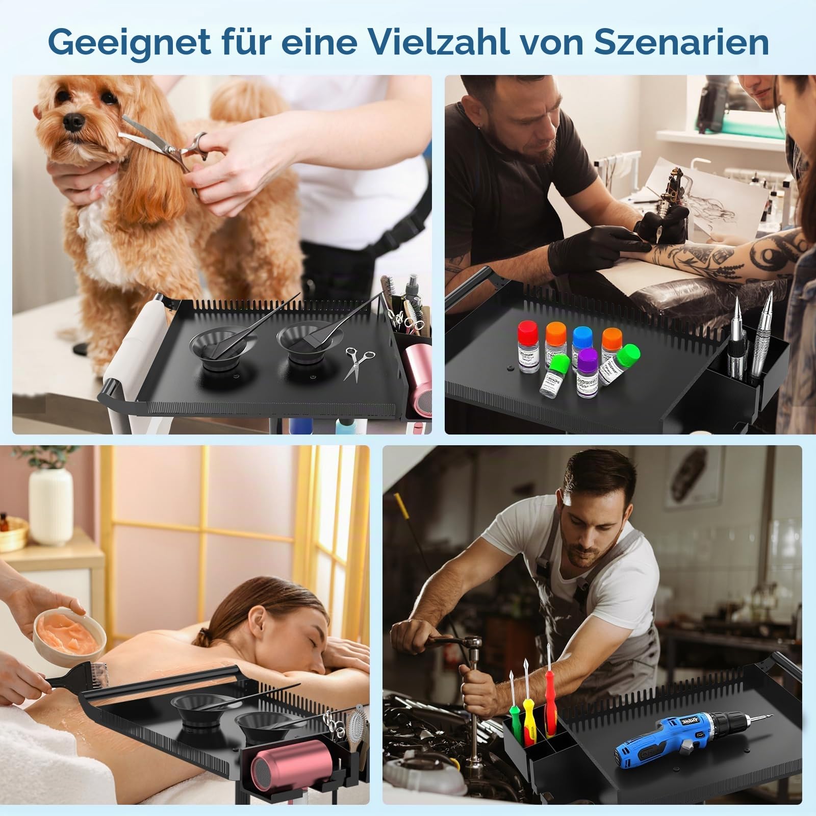 Friseurtablett mit Rollen, verstellbares Aufbewahrungstablett mit Ständer und Haartrennständer