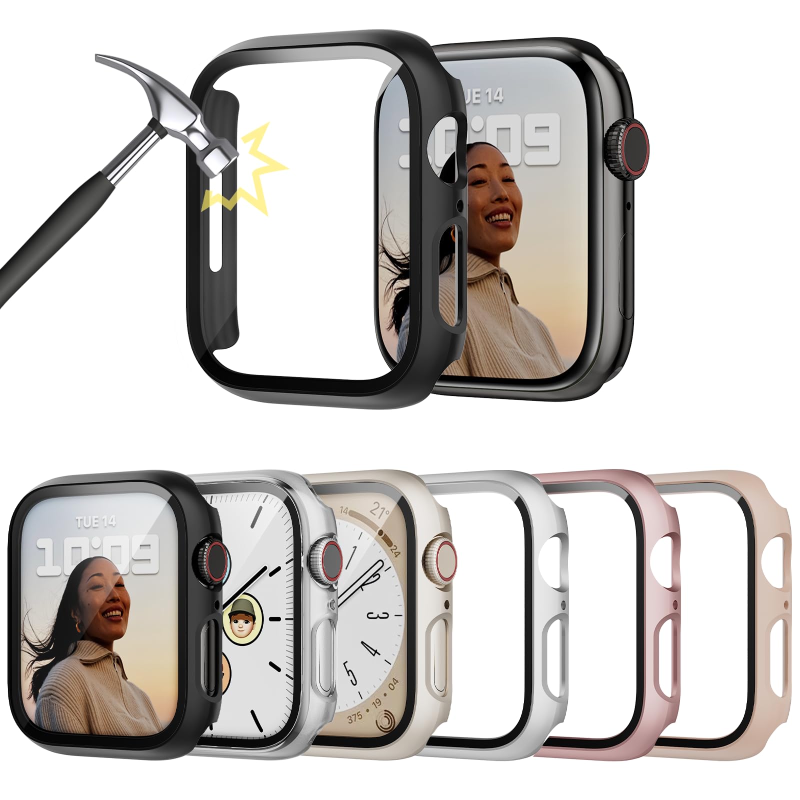Lovmunia 6-Stück Hard Gehäuse mit Displayschutzfolie Kompatibel mit Apple Watch Series 9/8/7 41mm, Rundum PC Ultradünne Schutzhülle Eingebaut Kratzfest Gehärtetes Glas Schutzfolie für iWatch 41 mm