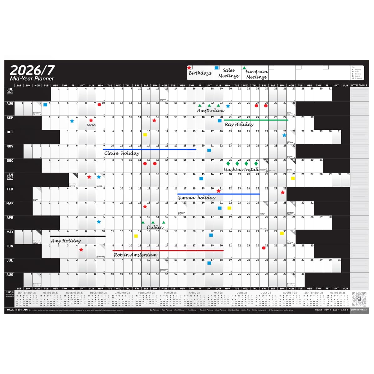 PlannerHead 2026/27 Academic Wall Planner/July 2026-August 2027 Calendar UK/Unmounted Unlaminated Year Planner Poster/Black A2+ 43cm x 62cm (Folded Flat)
