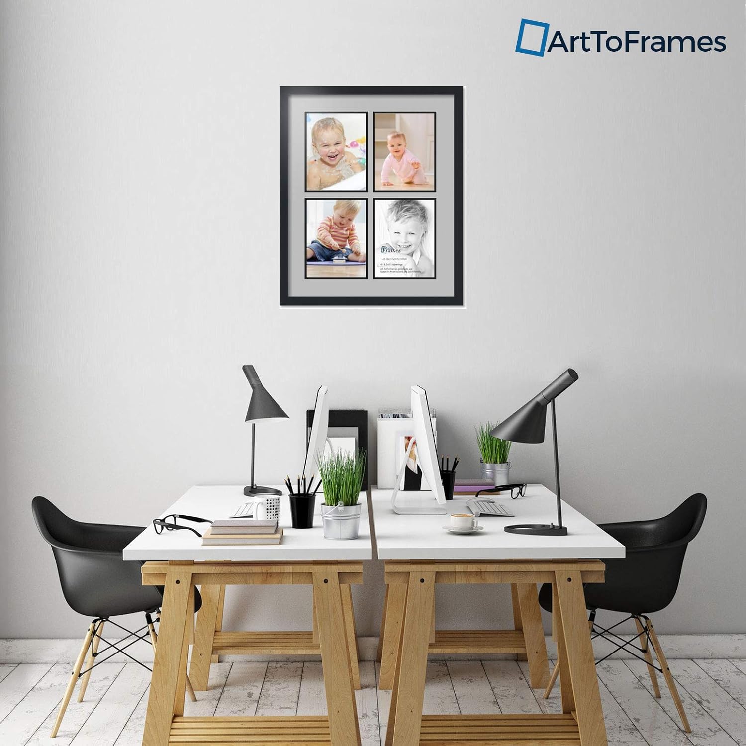 ArtToFrames Collage Photo Frame Double Mat with 4-8.5x11 Openings with Satin Black Frame and TV Grey mat.
