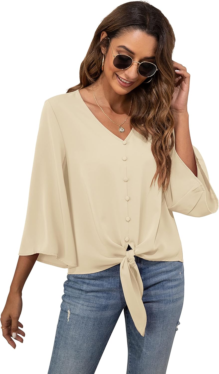 VIISHOW Women's Button V Neck Chiffon Tops 3/4 Bell Sleeve Tie Knot Casual Blouses Loose Summer Shirts - Image 6