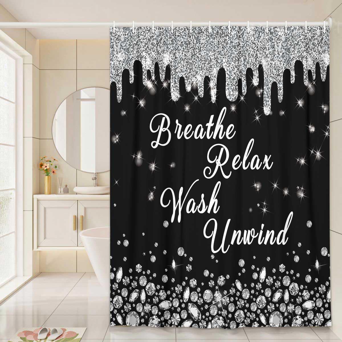 Black Silver Glitter Diamond Shower Curtain, Bling Shiny Queen Style Bathroom Curtain Decor, Modern Luxury Sparkly Shower Curtain Set with 12 Hooks, 70X85IN