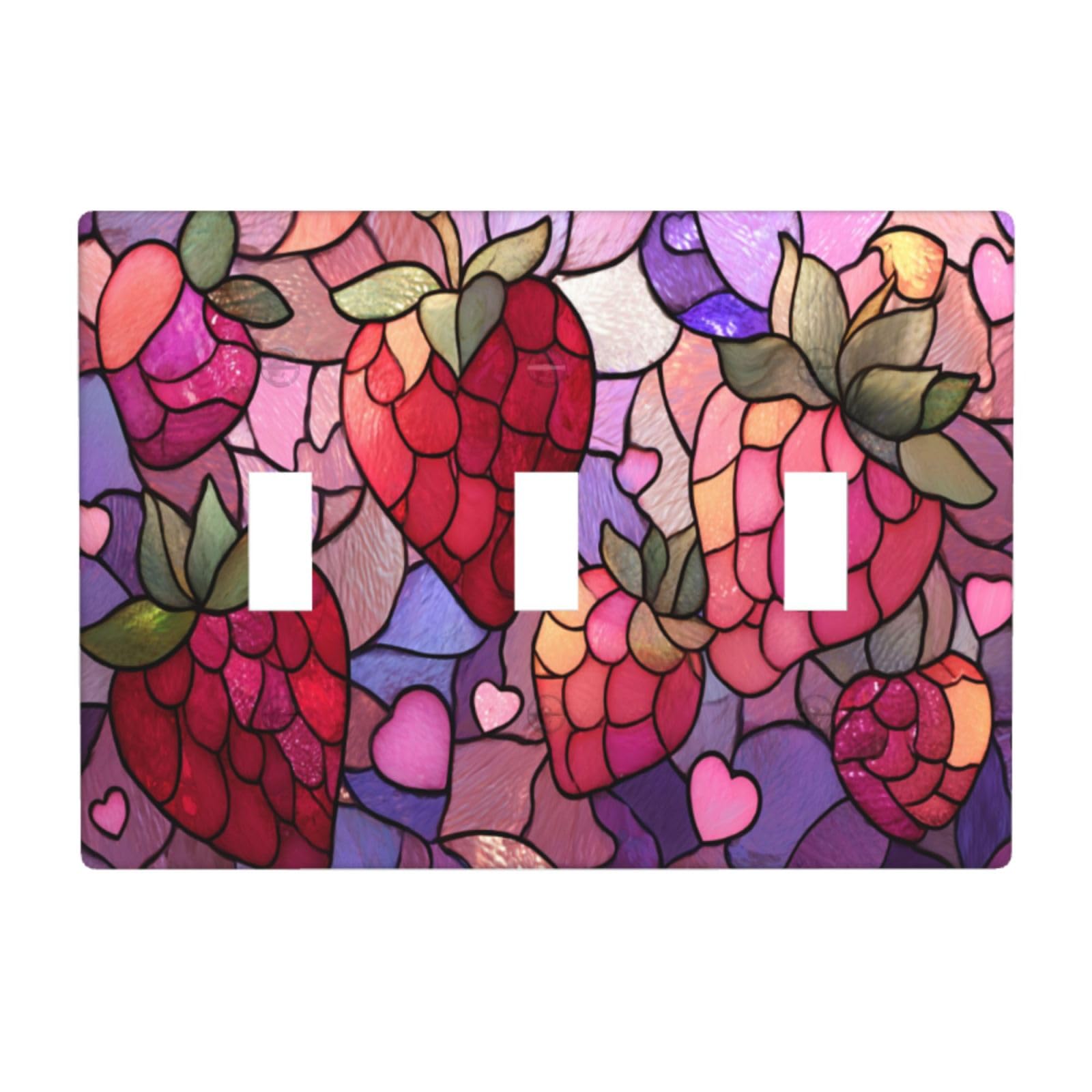 Woshuwo White Stained Glass Strawberries In Light Pink Red Light Switch Covers 3 Gang Triple Toggle Wall Plate Switchplate Electrical Faceplate For Bathroom Kitchen Bedroom Decor