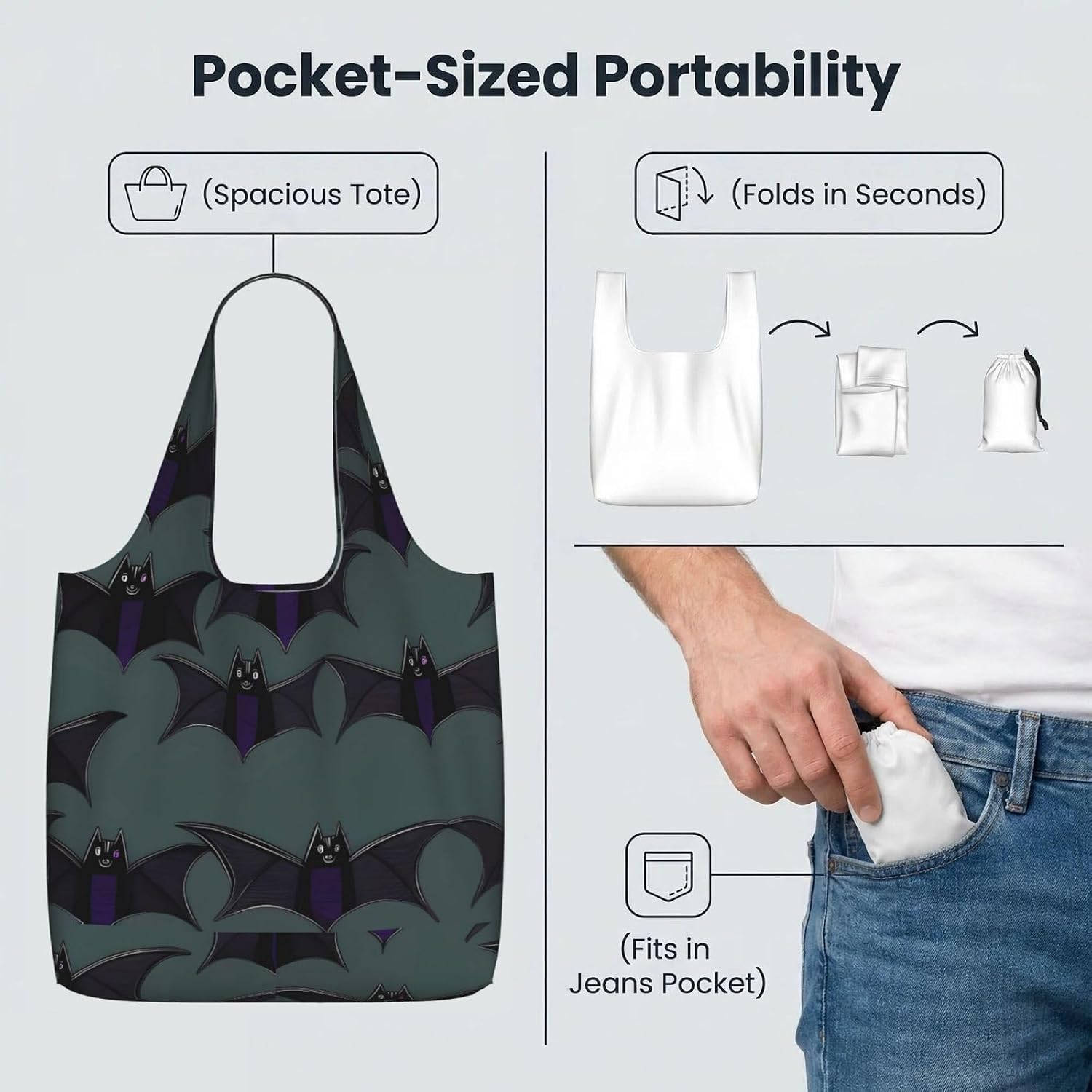 Reusable Shopping Bags Lightweight Foldable Grocery Bags In Pocket,Washable Large Tote Bags Bat Pattern Travel Shoulder Bag Gifts For Women Men image 5