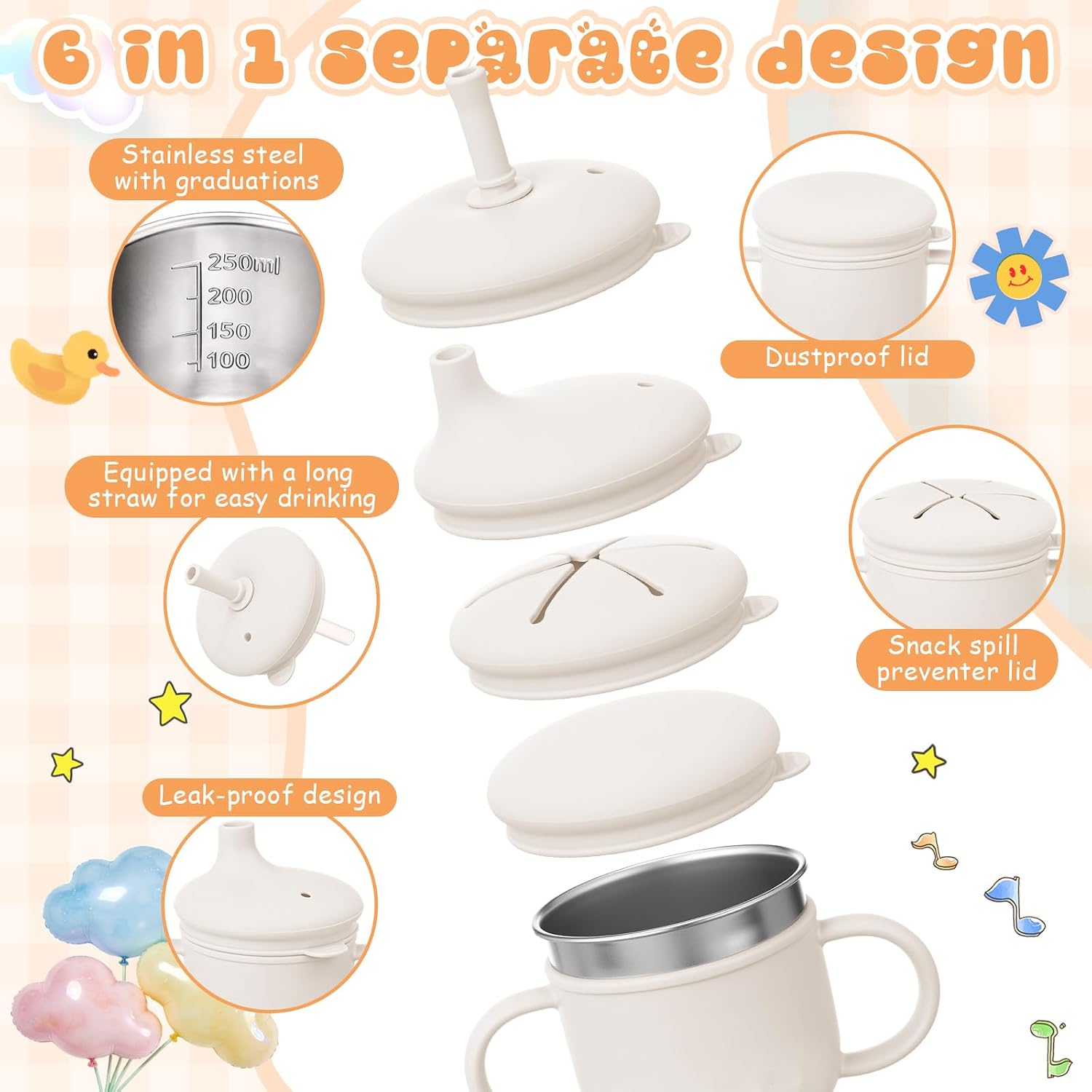 8 oz 3 in 1 Silicone Baby Sippy Cups & Snack Cups with Lid Straw for Toddlers 1-3 Spill Proof Stainless Steel Snack Containers Food Catcher for Baby Toddler Drinking Training(Beige)