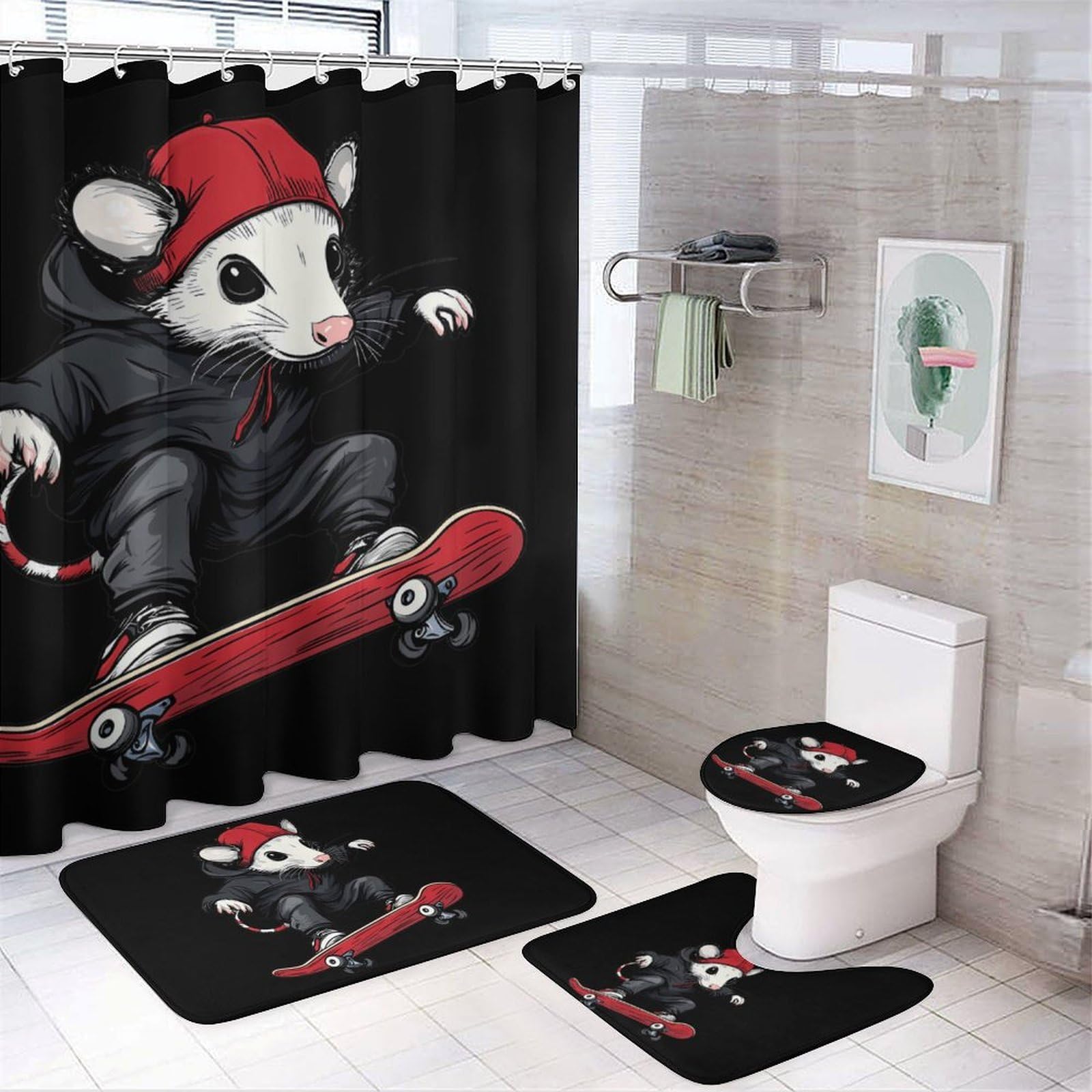 CGSBNGHA Opossum Skateboard Possum Skater Shower Curtain Set 4 Piece Bathroom Sets with Rugs Toilet Lid Cover And U-Shaped Floor Mat