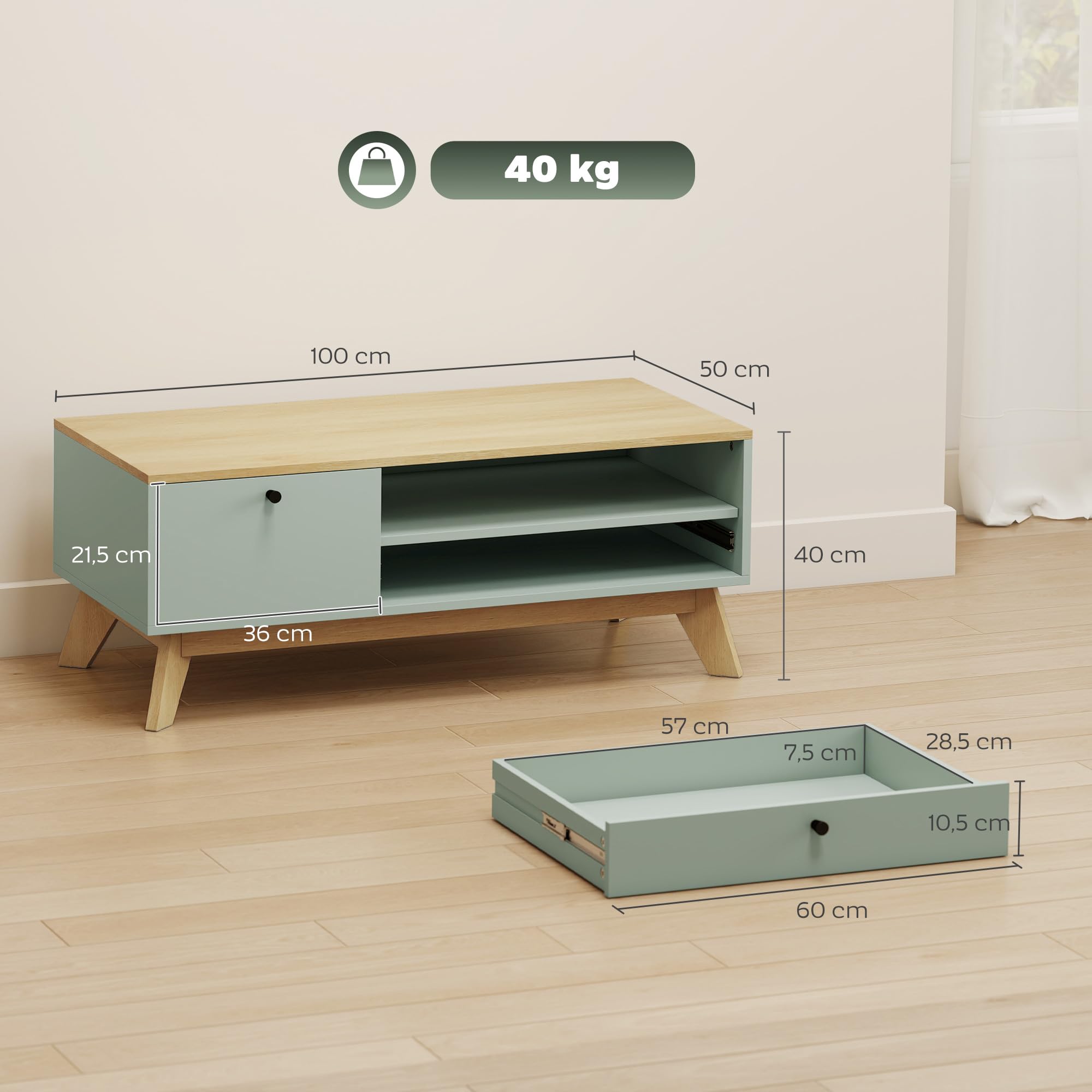 HOMCOM Stół kawowy z szufladą 100x50x40 cm Jasnozielony i Dąb