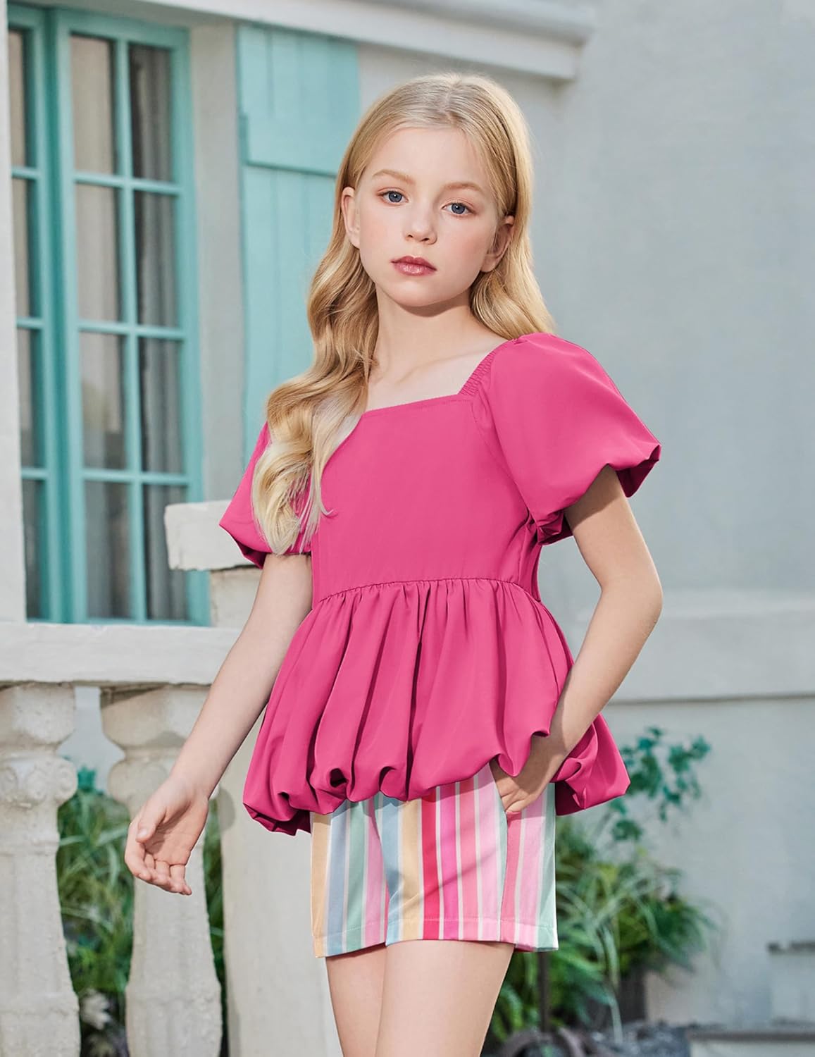 Arshiner Girls 2 Piece Outfits Summer Clothes Square Neck Puffed Sleeve Bubble Hem Tops Shirt and Casual Short Set - Image 3
