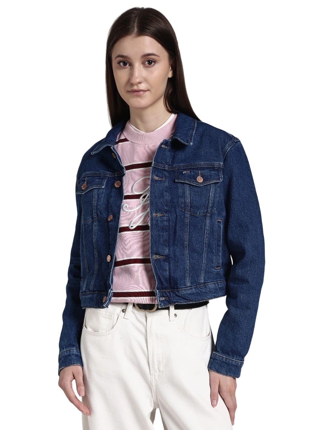 Slim fit cotton spread collar denim jacket-image-9