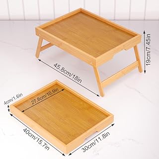 Fibogollo 2-Pack Natural Bamboo Bed Tray Tables with Folding Legs - Breakfast Laptop Serving Trays