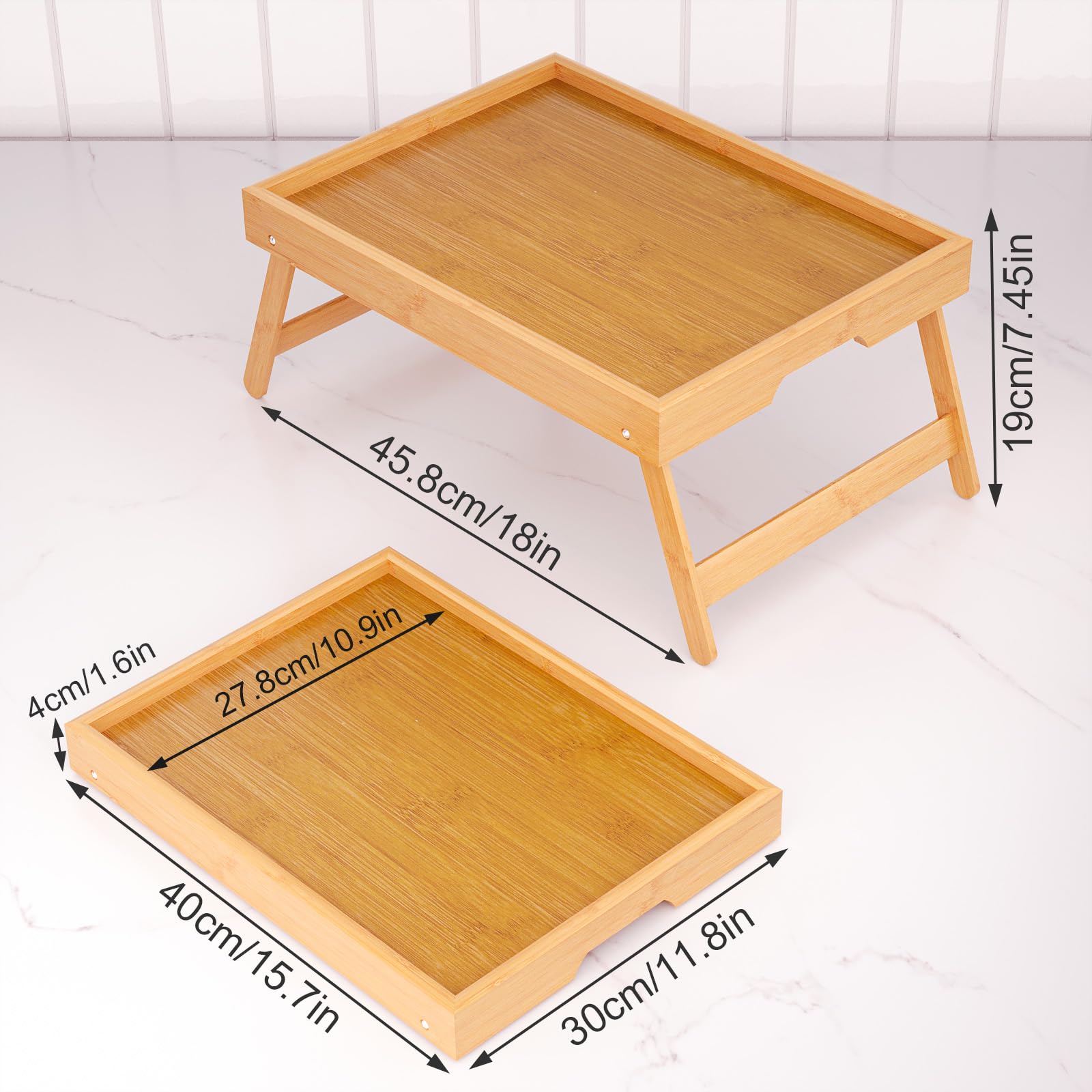 Fibogollo Lot de 2 plateaux de lit en bambou avec pieds pliants, plateaux de petit-déjeuner, plateau de service pour nourriture et collation, plateaux pour ordinateur portable pour le travail (naturel