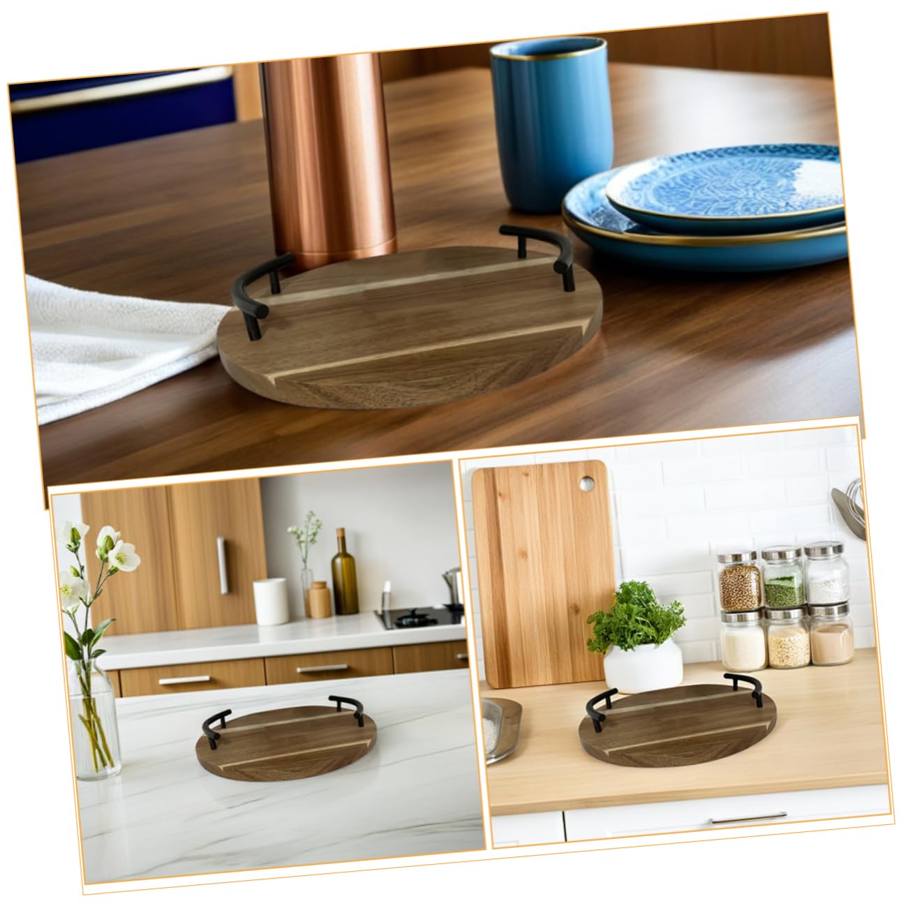 Holztablett Rund Mit Griffen Für Servieren Snacks Obst Frühstück Kuchentheke Couchtisch Holzplatte Handgehaltenes Snackbehälter Desserttablett