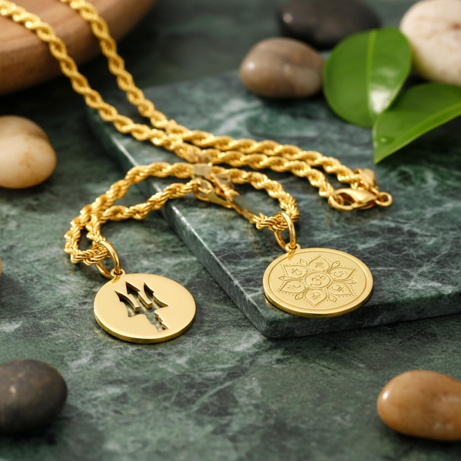 Trident Om-Lotus-Anhänger-Halsketten-Set, 2 Stück, vergoldet, 925er Sterlingsilber, Münzmedaillon, spirituelles Yoga, Hindu-Symbol, Schmuck, Damen und Herren