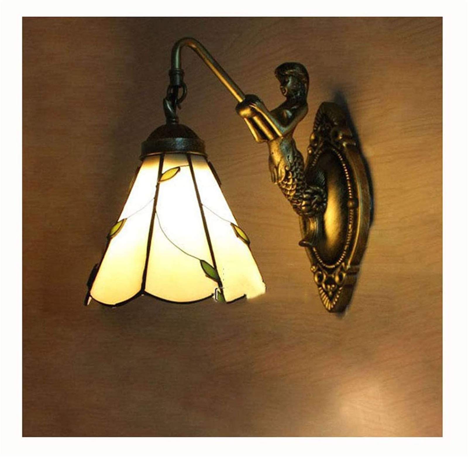 Aioneer Single Head Wall Lights,Tiffany Style Wall Lamp Willow Leaf Stained Glass, Corridor Aisle Bedroom Sconces, Iron Base, E27