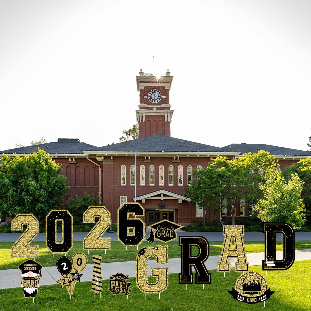2026 Graduation Decorations Yard Signs – 15PCS Black and Gold Congrats Grad Lawn Decorations with Stakes, Graduation Party Supplies, Large Outdoor Graduation Party Decor for High School & College