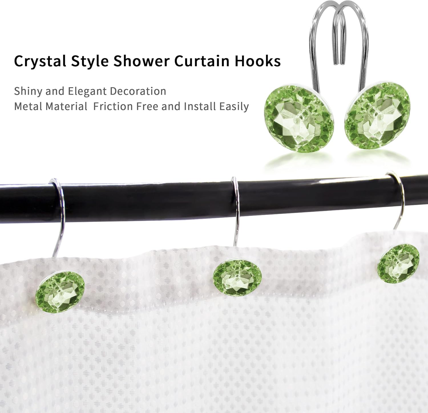 MitoVilla Green Shower Curtain Sets with Hooks, Crystal Modern Metal Shower Curtain Rings for Bathroom Decor Accessories, Abstract Bath Curtian 72" W x 72" L, Set of 12 Rings