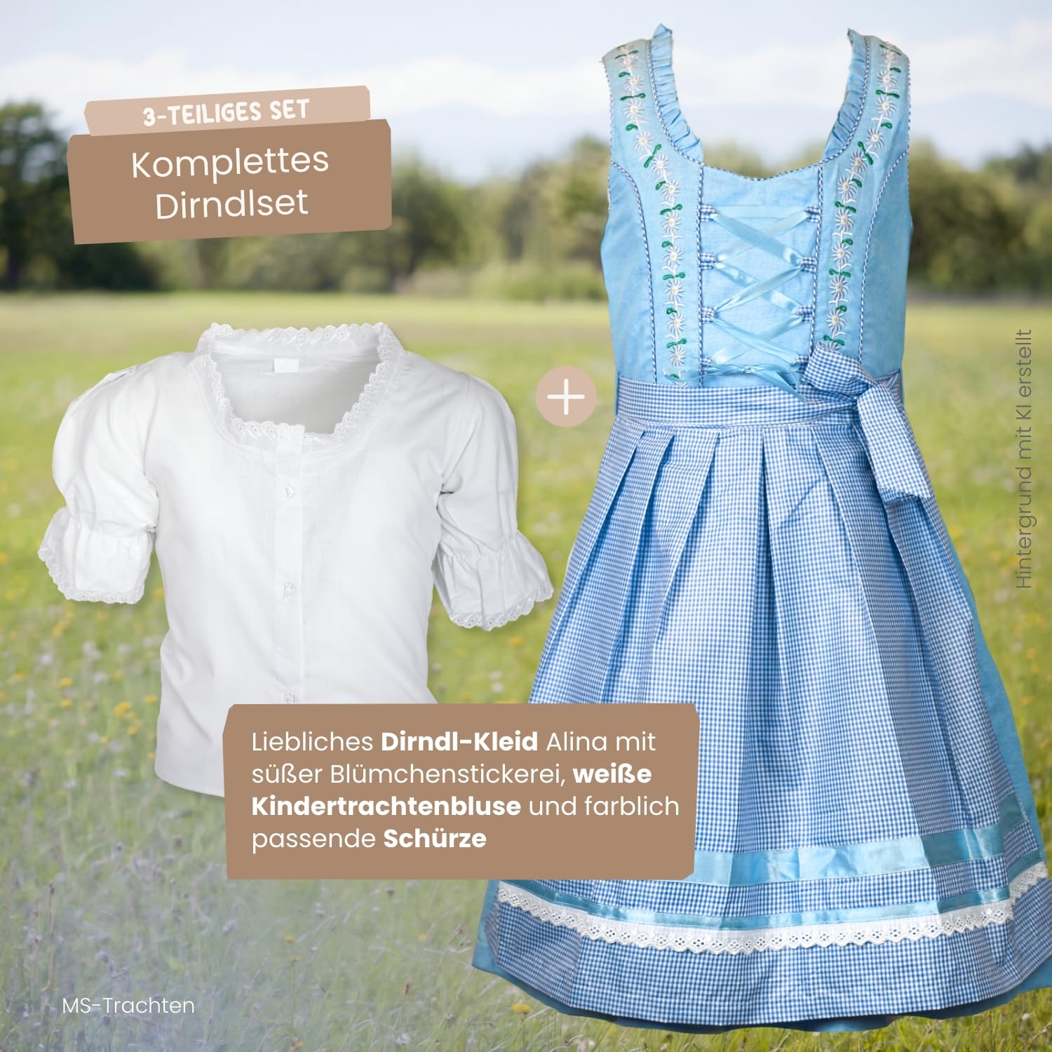 Kinderdirndl Alina – Kinder Dirndl rosa blau grün mit Bluse und Schürze 3 teilig – traditionelles Trachtenkleid für Mädchen