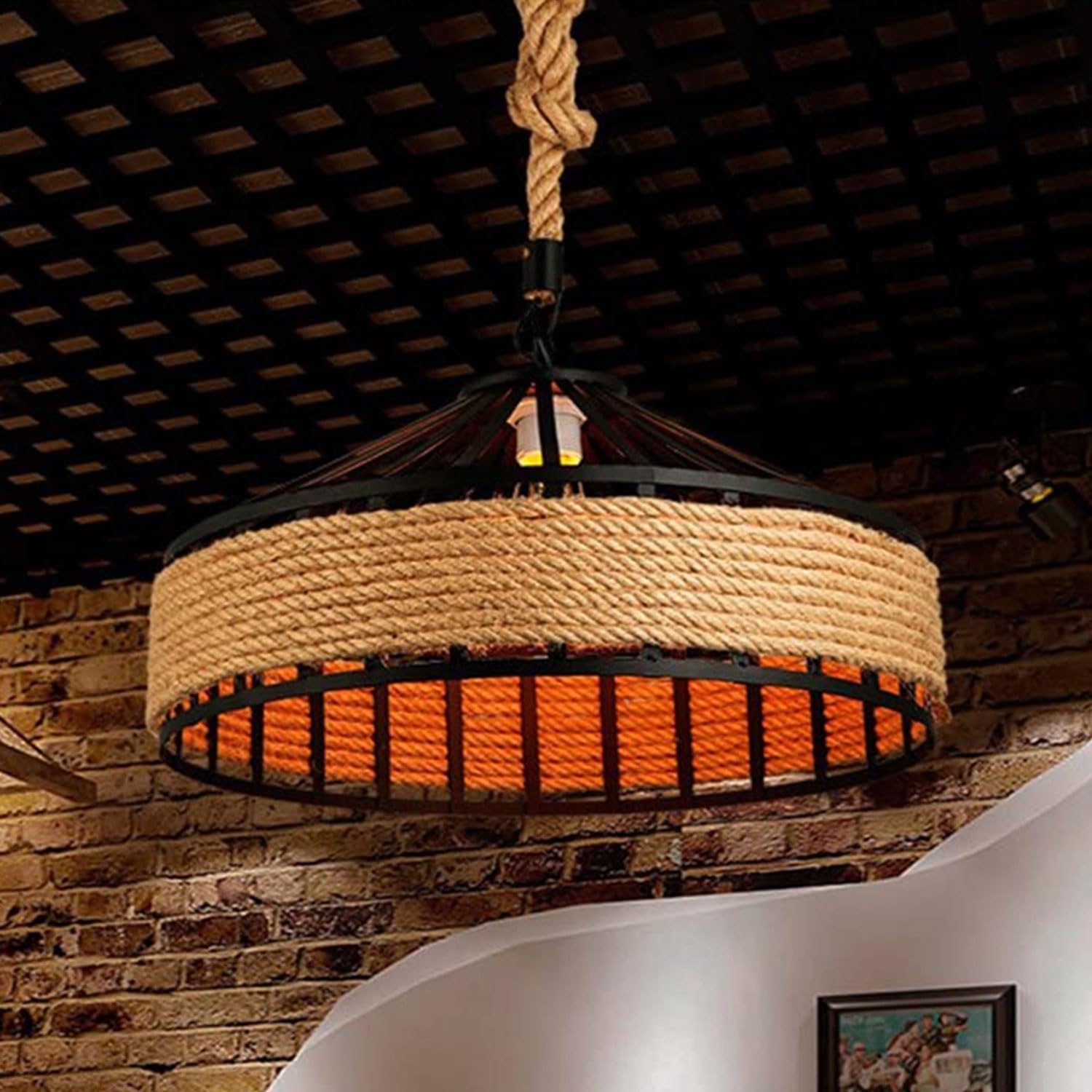 Pendelleuchte Hanfseil Industriestil Retro lampen E27 Aufhängung Typ Rundkäfig Eisen hängelampe Höhenverstellbarer pendelleuchte esstisch Bar Leuchter Für Café Restaurant Deko hängeleuchte (50cm)