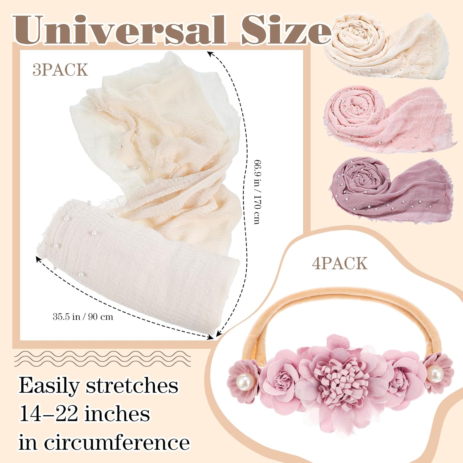 Buryeah 7 Pcs Baby Photoshoot Props Wrap Kit Includes 3 Pcs 66.9 x 35.4'' Newborn Photography Props 4 Pcs Baby Flower Headband Photo Supplies for Boy Girl Infant Toddler - Image 2