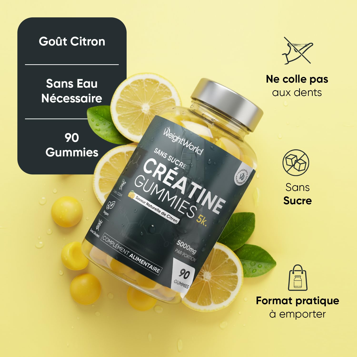 Creatine Gummies 5000mg Vegan sans Sucre - selon l'EFSA, la créatine augmente les performances physiques lors d'exercices successifs de courte durée et de haute intensité - Saveur Citron