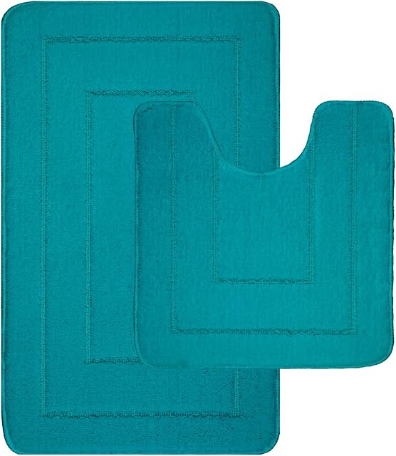 LifeStyle Comfort Ltd Non Slip Bath Mat 2 Piece Ichra Extra Soft Water Absorbent Bathroom Mats 100% Polypropylene Washable Pedestal Bath Rug Shower Bath Mat Bathroom Rug for Toilet (Teal)