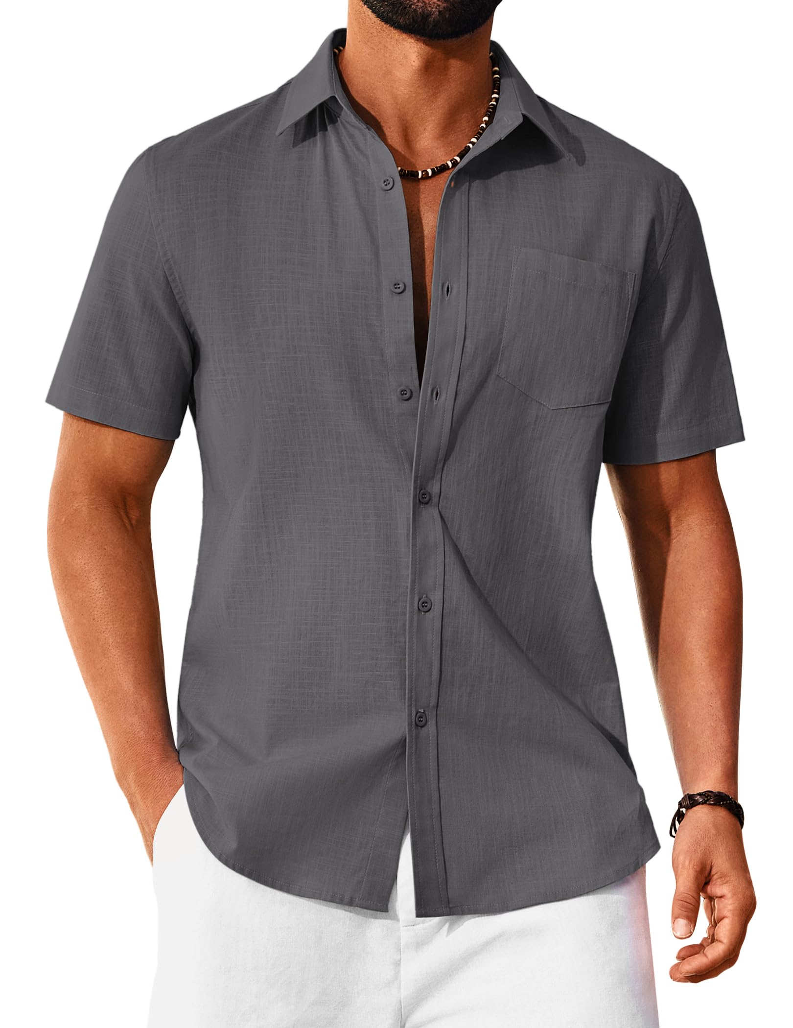 COOFANDY Herren Hemd Kurzarm Baumwolle Sommerhemd Button Down Hemden für Männer Regular Fit Herrenhemden Strand Shirt Grau M