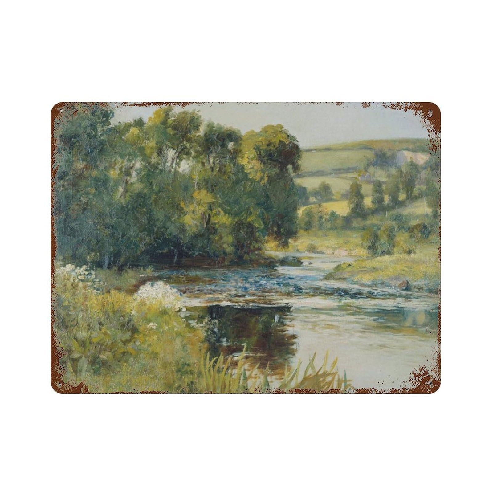 xiaoxiaoshen Vintage River Landscape Muted Pastel Country Painting Wall Decor Art Metal Tin Poster Modern Home Decor Art Home Bar Shop Decorations Vintage Sign 30x40cm