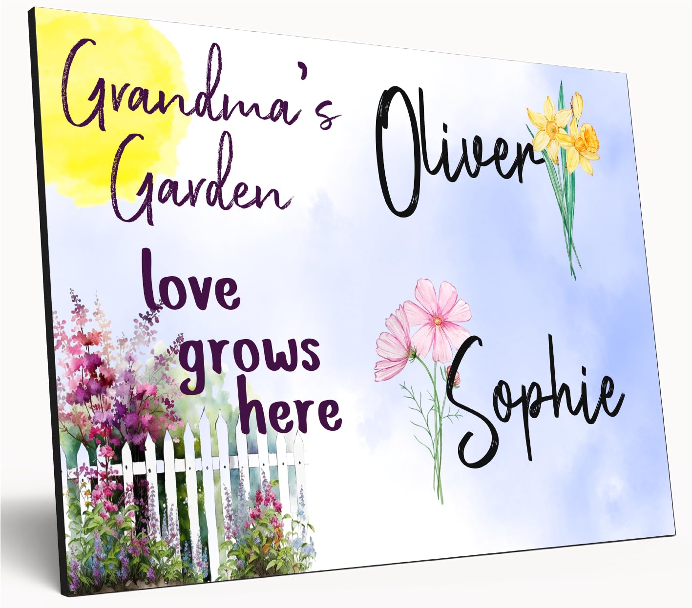 The Plum Penguin Multicolour Personalised Birth Month Flower Sign Grandma's Garden Custom A4 Wooden Wall Art Rustic Garden Design Watercolour Custom Plaque For Mums