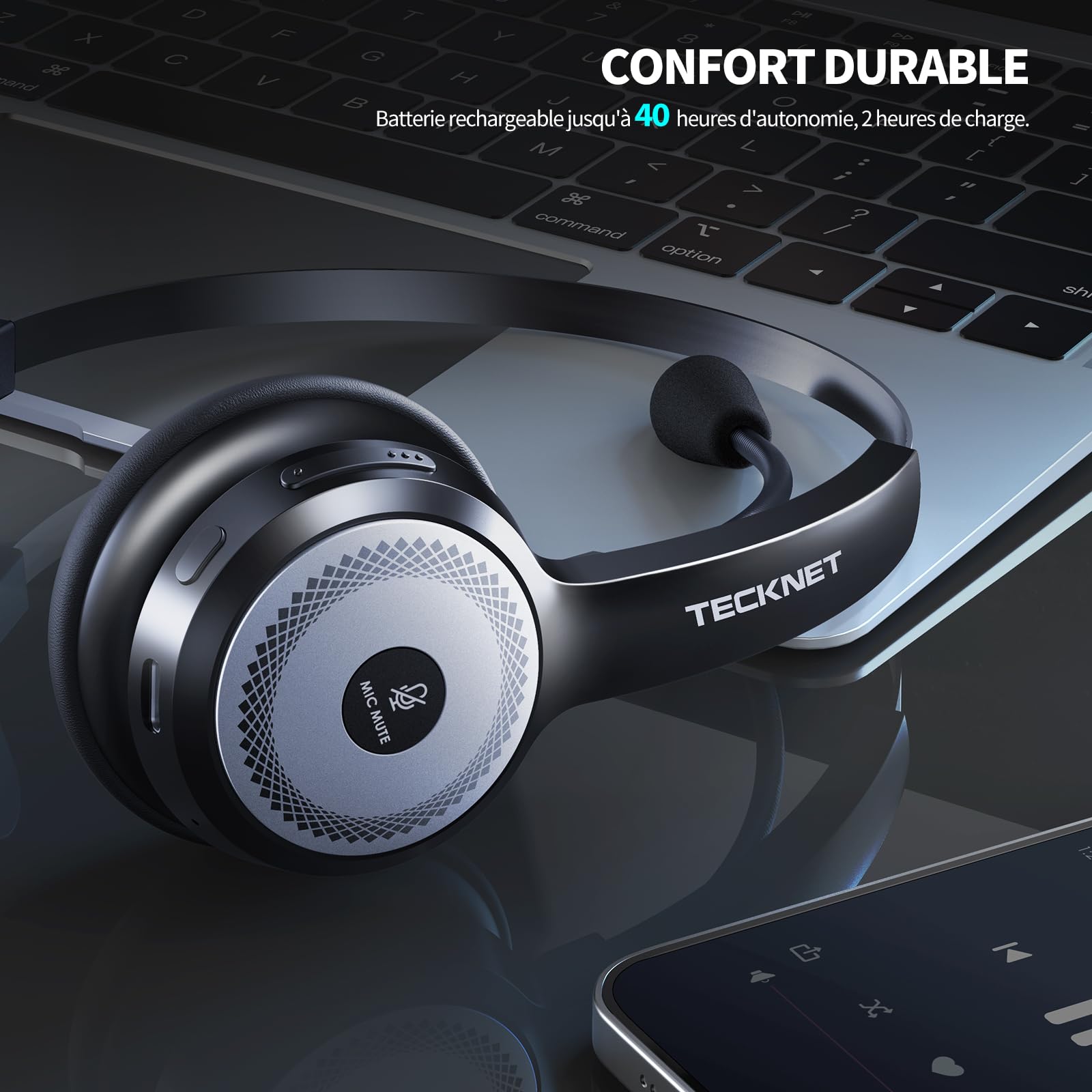 TECKNET Casque Bluetooth avec Microphone, Casque sans Fil Suppression du Bruit AI avec Station de Charge, 40 heures d'autonomie,pour PC Portable Ordinateur/Centre d'appels/Téléphones/Skype/Bureau/Zoom