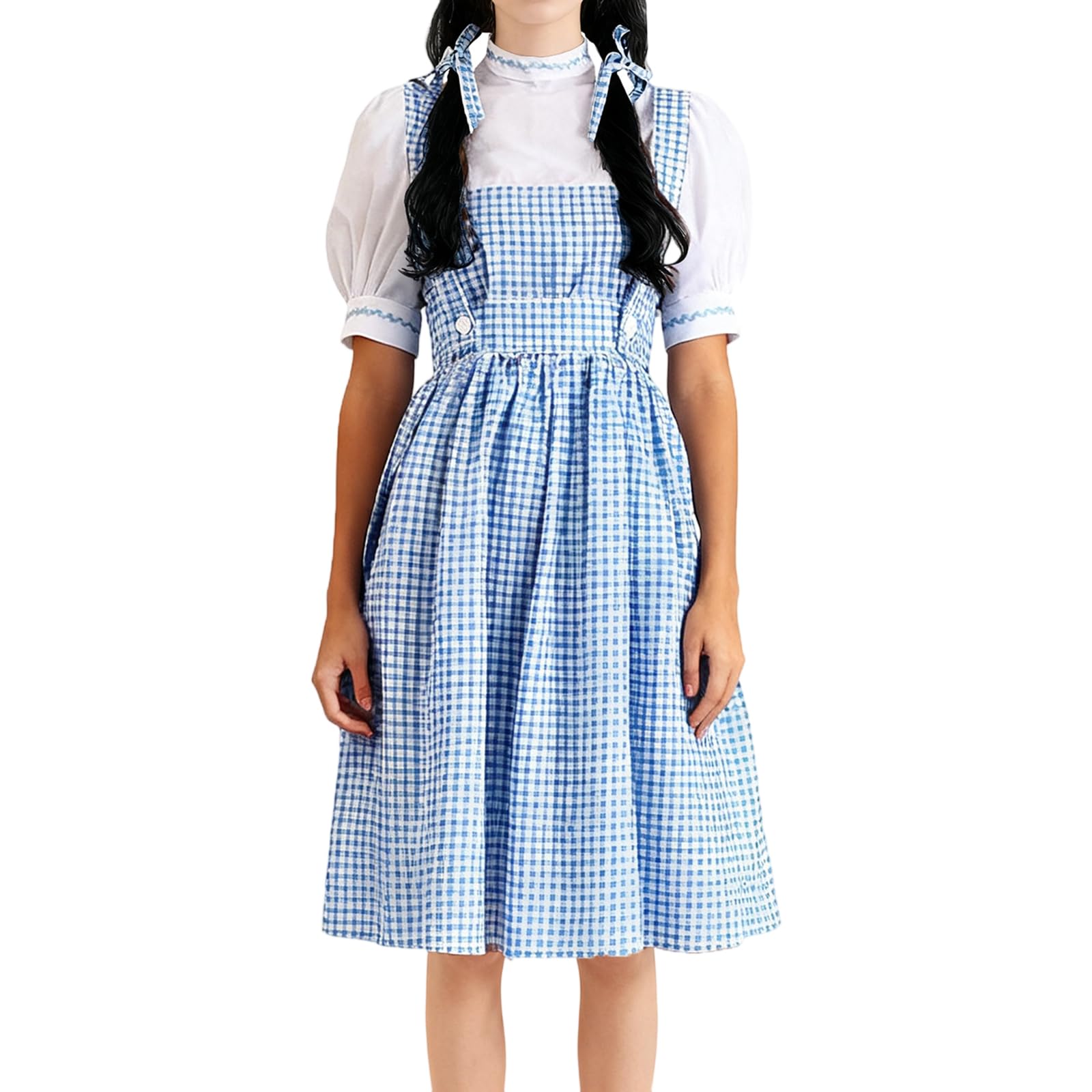 Gliswaieuznd Women Dorothy Halloween Gingham Pinafore Dress Blouse Cosplay Party Outfit (Blue, M)