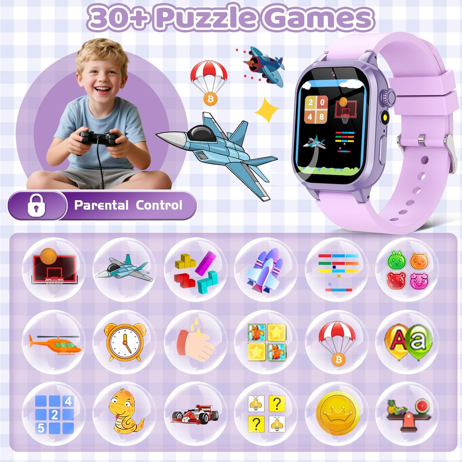 Kids Game Smart Watch 1.54" HD Touch Screen, 30+ Educational Games, Camera, Pedometer, Alarm, MP3 Player, Torch, Auidobook, Learn Card,Time Tools, Parental Control, Wrist Watch for Boys Girls (Purple)