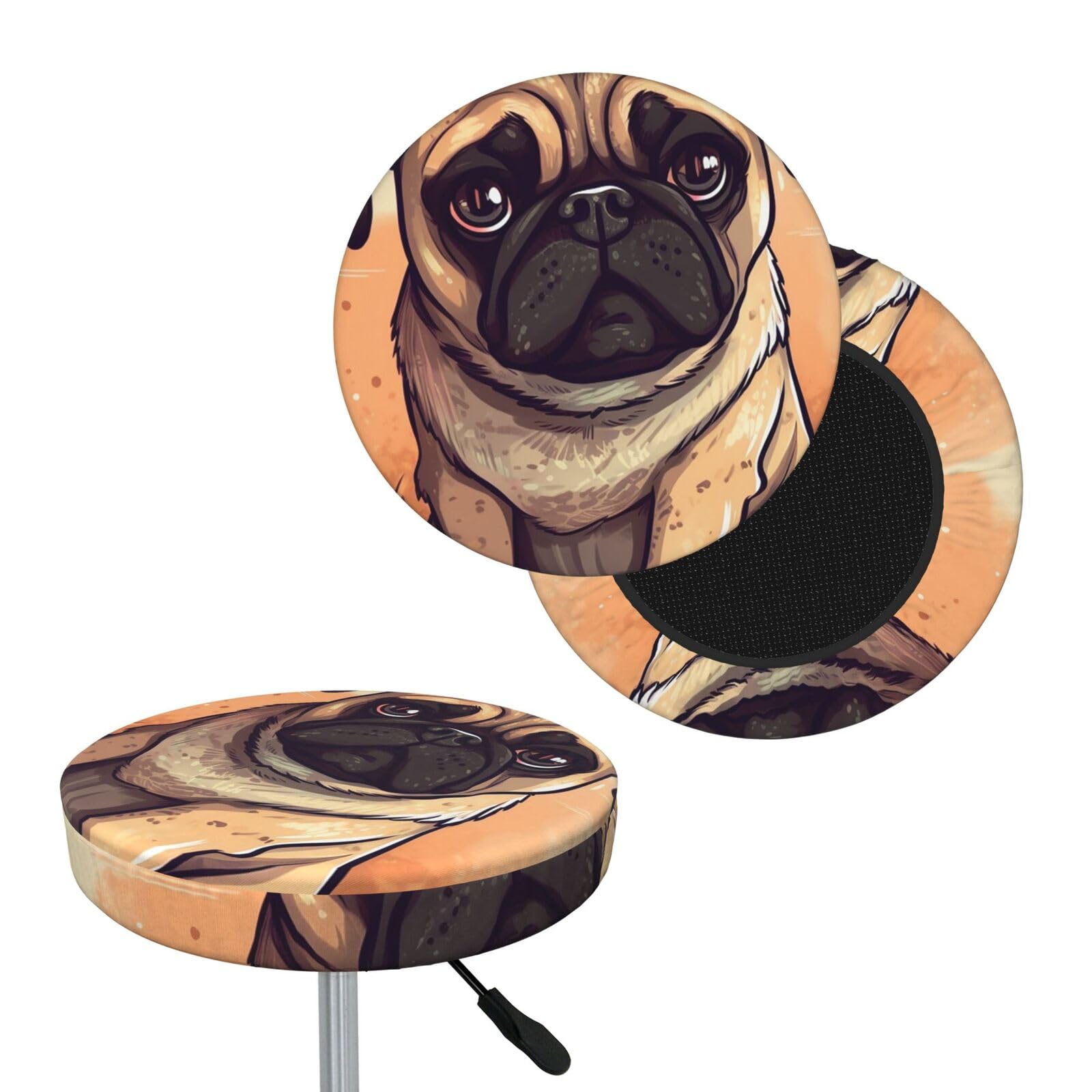 FekiLoot Pug Cartoon Round Bar Stool Covers Stretch Washable Bar Stool Covers Dustproof Slipcover Bar Chair Covers with Elastic Band for Bar Kitchen Living Room Decor 13 Inch