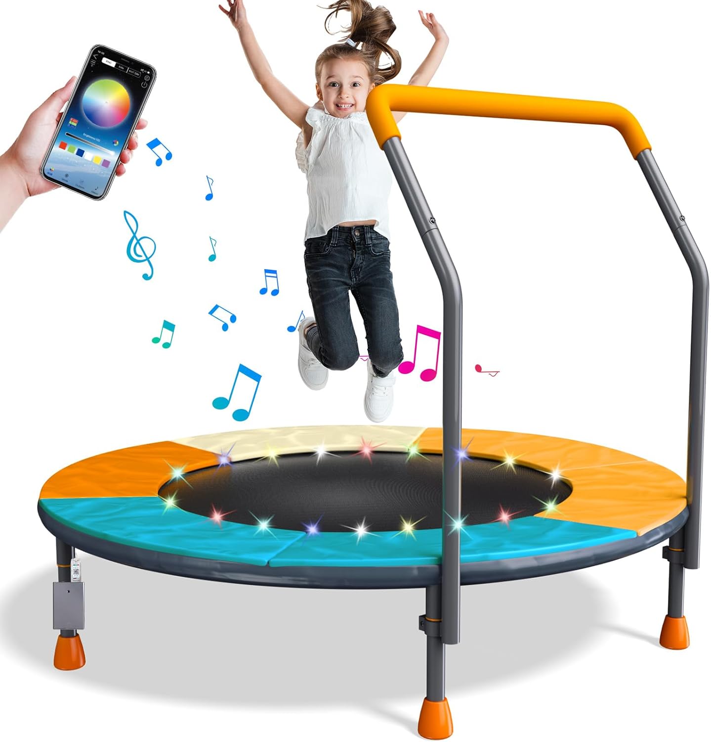 3FT Foldable Trampoline for Kids, 36” Mini Small Trampoline with LED Light & Music, Indoor Outdoor Fitness Recreational Trampoline with HandleBar, Height-Adjustable Toddler Baby Jumping Mat, Max 150lb