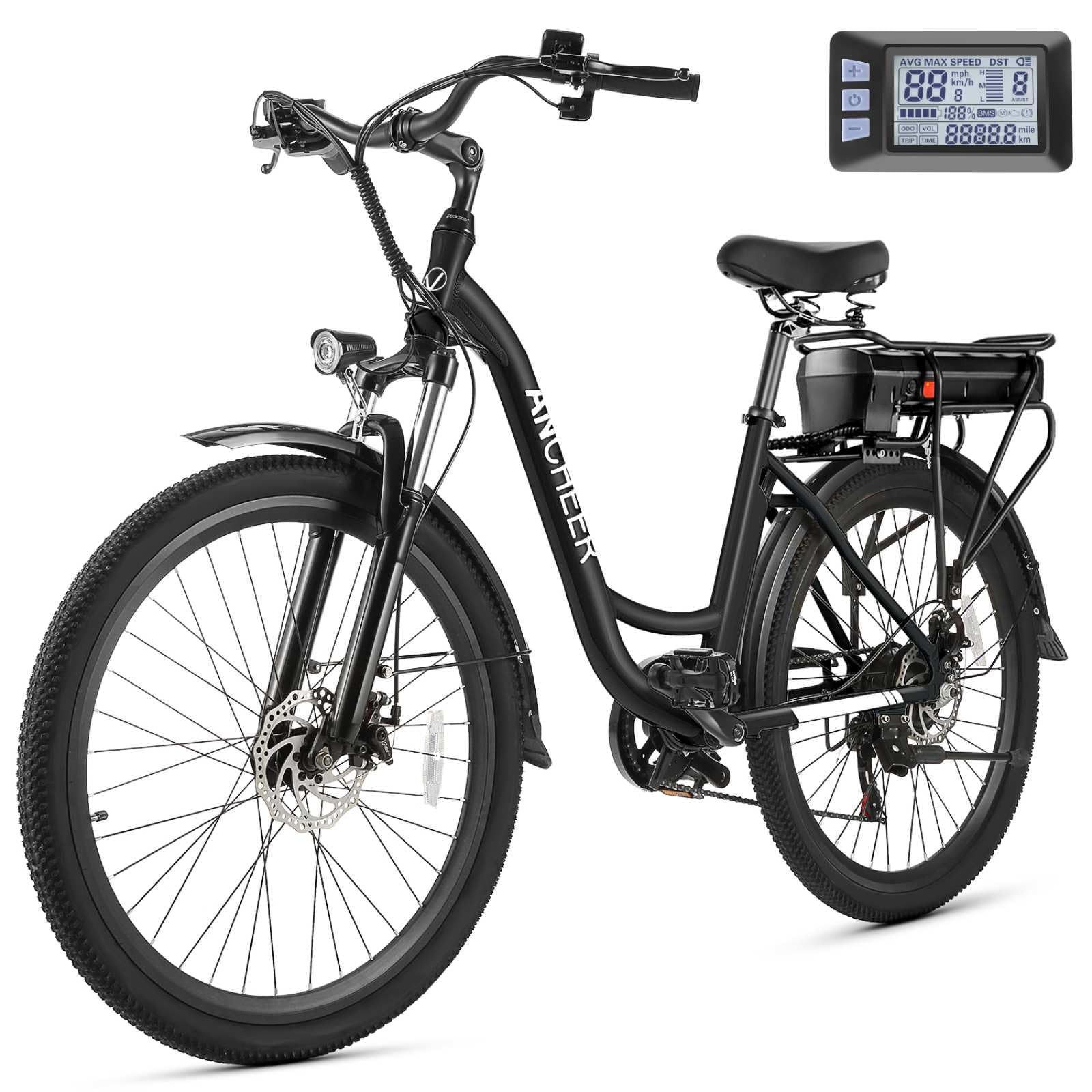 ANCHEER Electric Bike for Adults, 48V 499Wh Ebike, 26" City Commuter Bike with 48V Removable Battery, Up to 55 Miles, 3H Fast Charge, 7-Speed, Step-Thru Cruiser Bike for Women Men, UL2849 Compliant