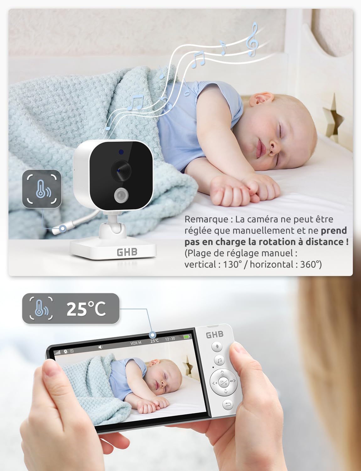 GHB Babyphone Camera 5" sans WiFi Capteur de Température Vision Nocturne