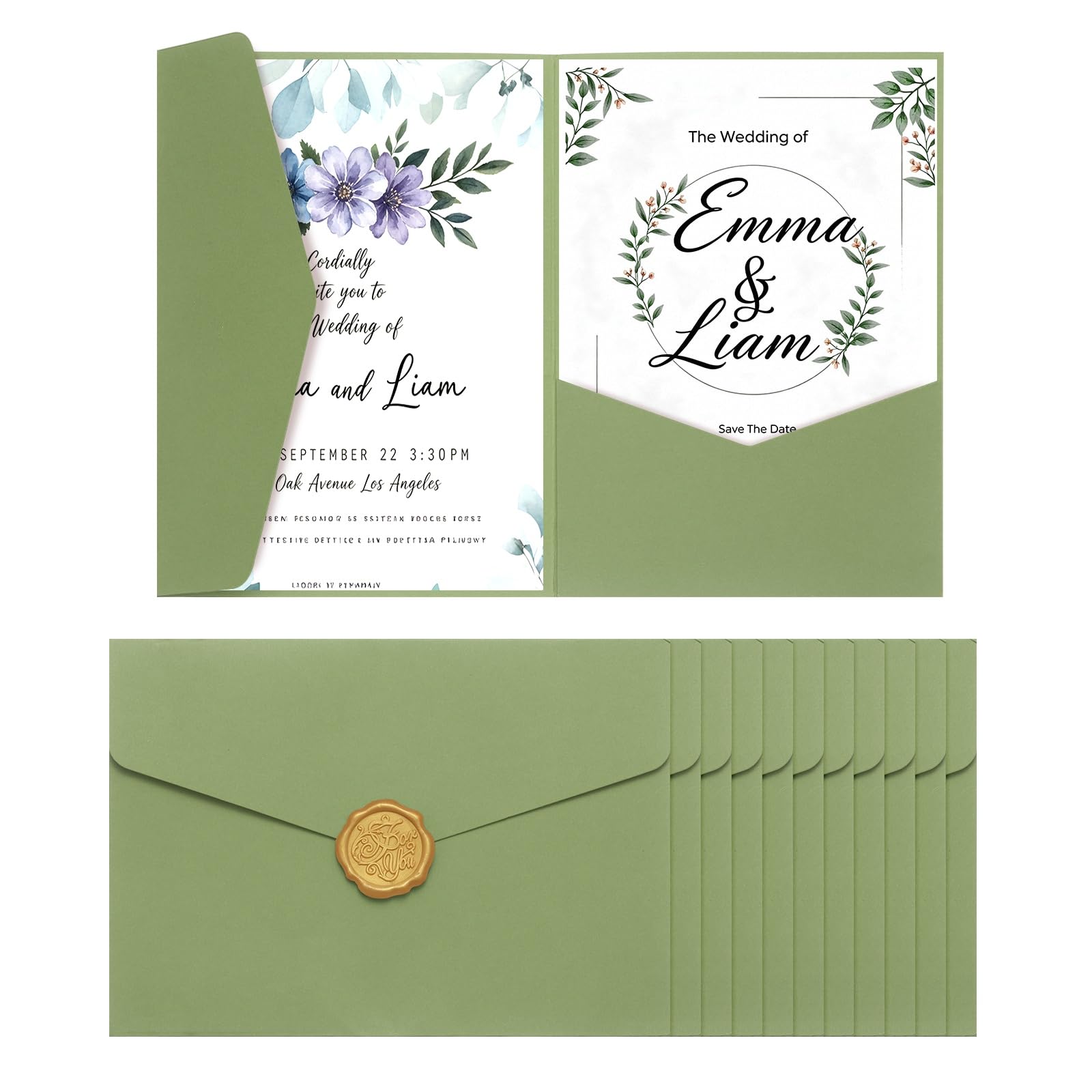 sourcing map 12 Pcs A7 Invitation Pocket Envelopes with Gold Sealing Wax Sticker 5x7 Tri-fold Wedding Invitation Cards for Wedding Birthday Anniversary Graduation Invite Pocket, Dark Green