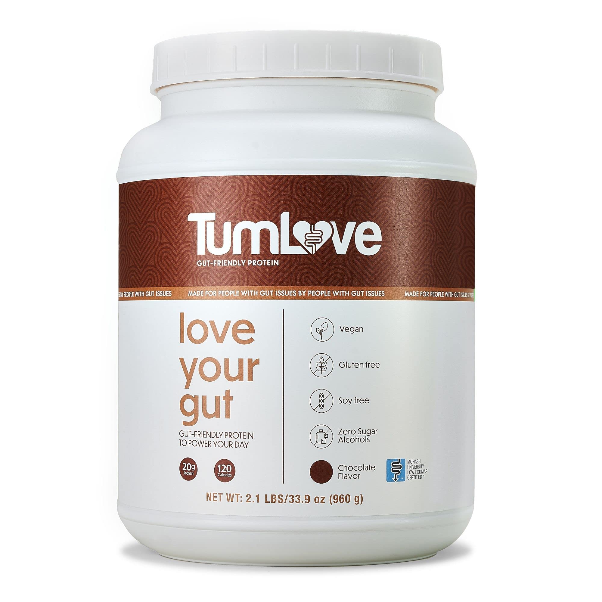 TumLove Vegan Protein Powder - Low FODMAP Certified, Gluten-Free, Dairy-Free, Soy-Free, 100% Gut-Friendly & Non-Bloating, Chocolate (25 Servings)
