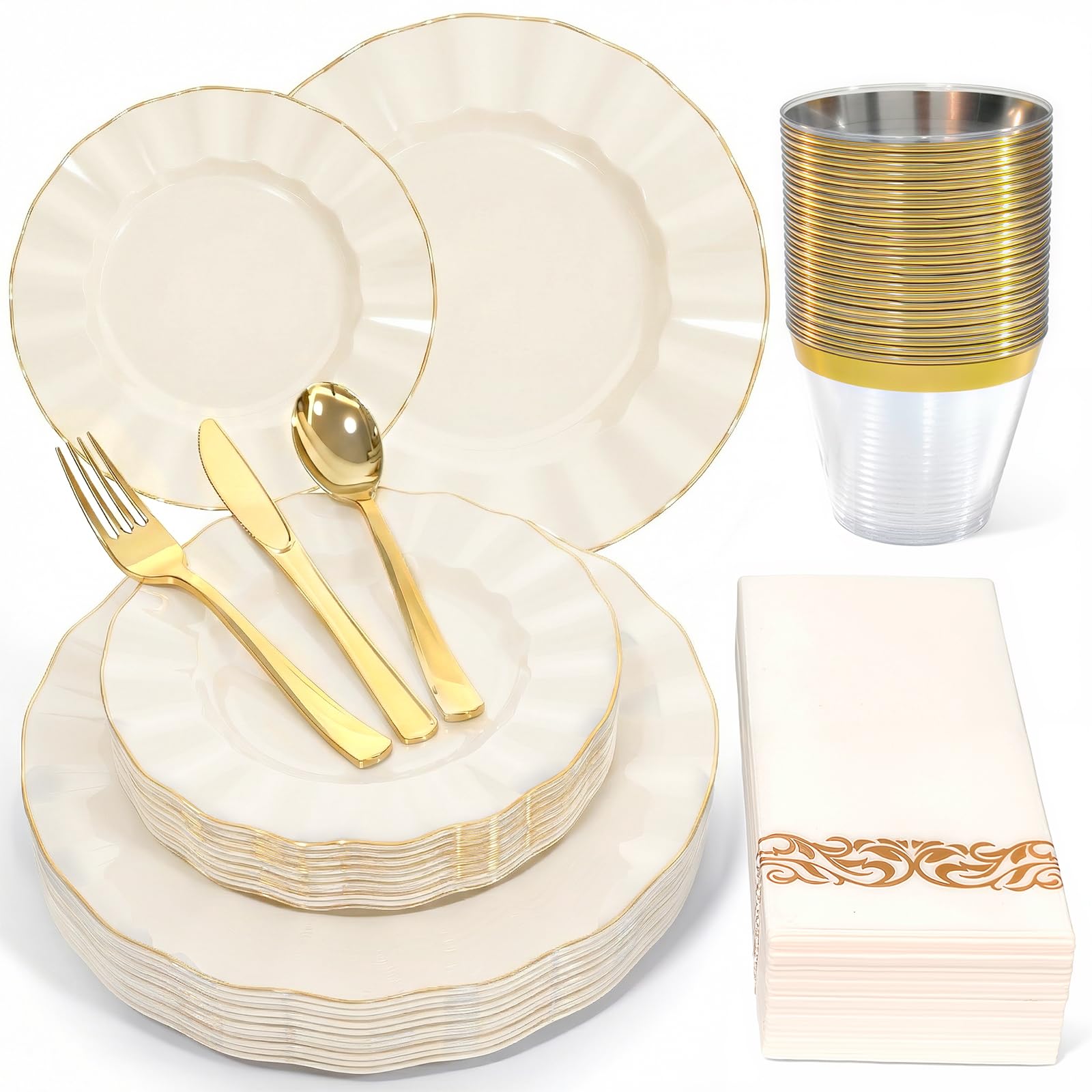 Photo 1 of 175 Piece Plastic Dinnerware Set Disposable Dinnerware Set for 25 Guests Include 50 Plastic Plates 25 Silverware Set 25 Cups and 25 Napkins for Father's Day Party Wedding Birthday?White and Gold?