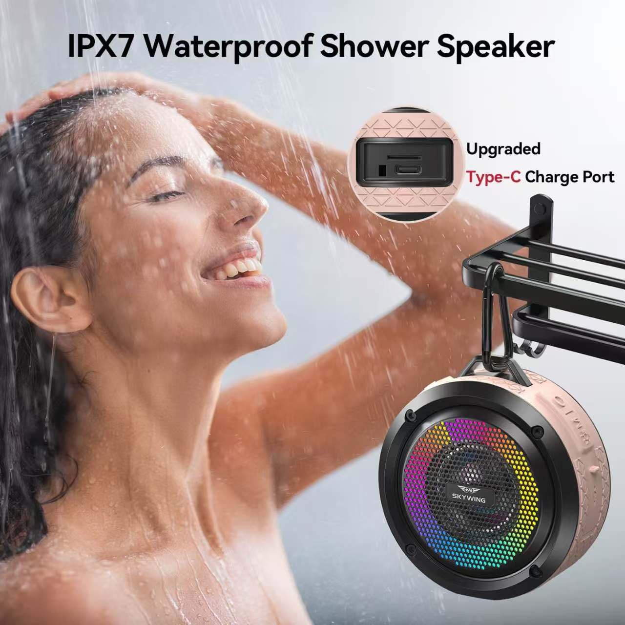 SKYWING Shower Speaker, Certified IPX7 Waterproof, Mini Bluetooth Wireless Small Speaker with Lights, Suction Cup and Mic for Bathroom, Crystal Sound&Bass,12H Playtime, Ideal Electronic Gifts,Upgraded
