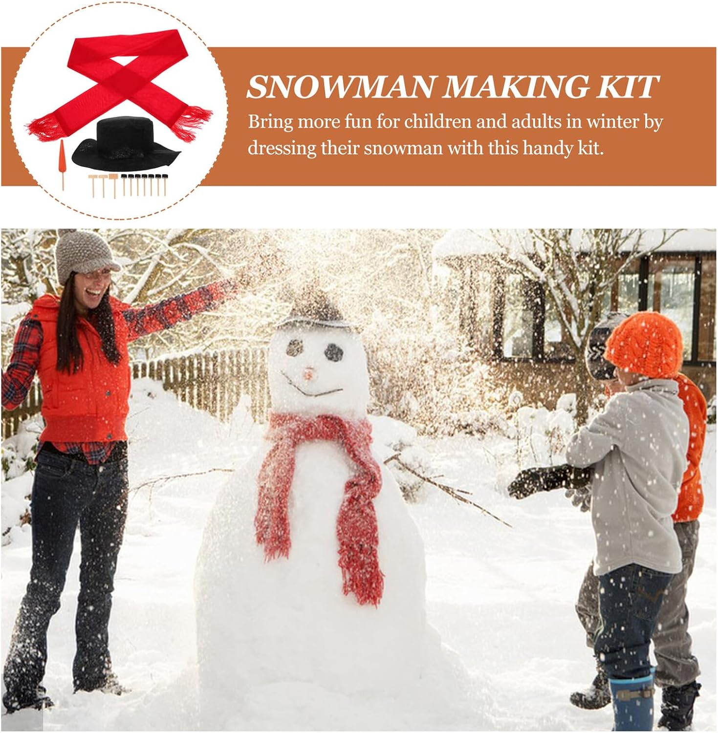 Snowman Decorating Kit Winter Holiday Outdoor Accessories Included Hat Scarf Wooden Eyes Mouth Button Nose