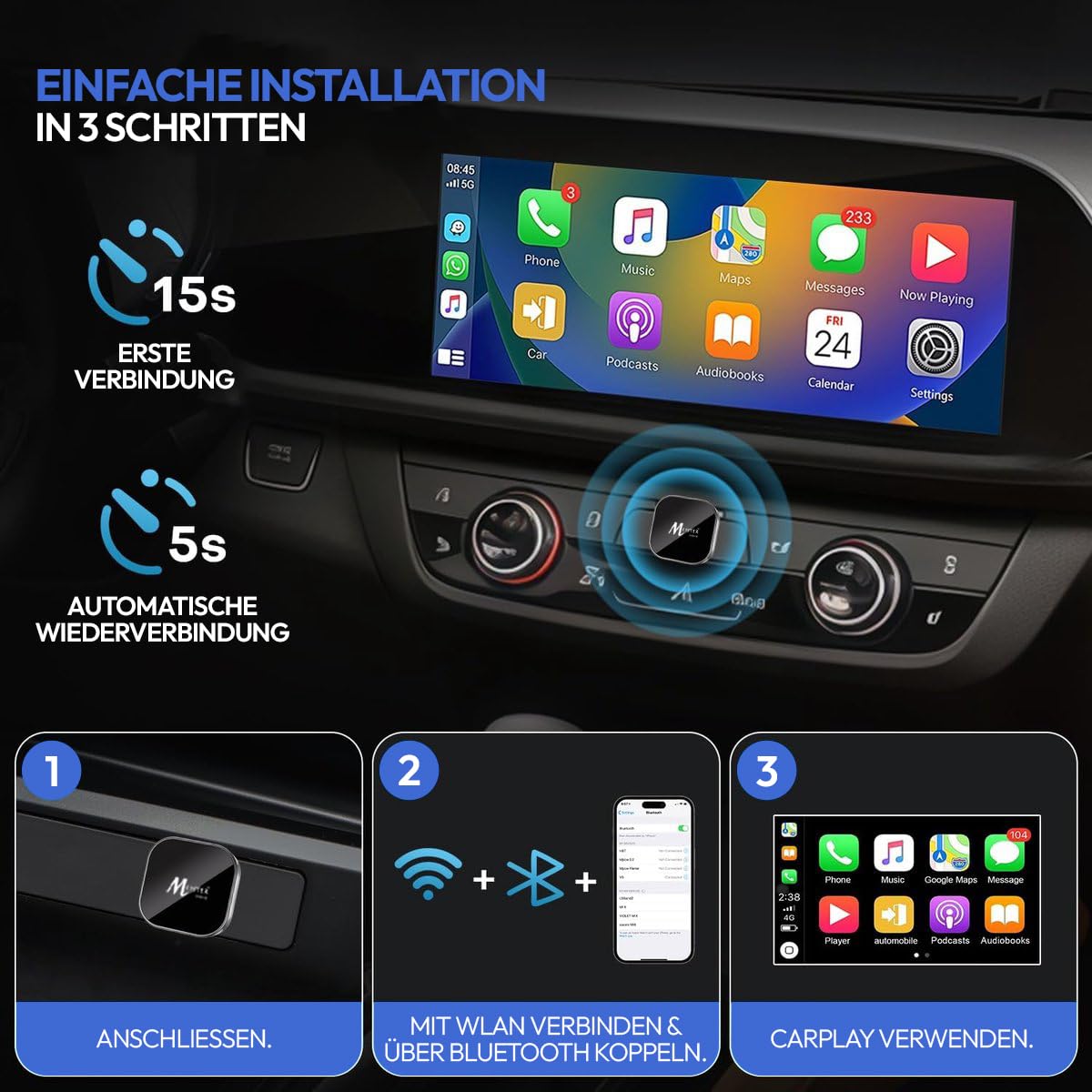 Meisterhome CarPlay Adaptateur sans fil Mise à niveau de CarPlay filaire vers sans fil (mise à jour en 2026), design mini USB-A et USB-C pour voitures avec jeu de voiture filaire, connexion rapide et