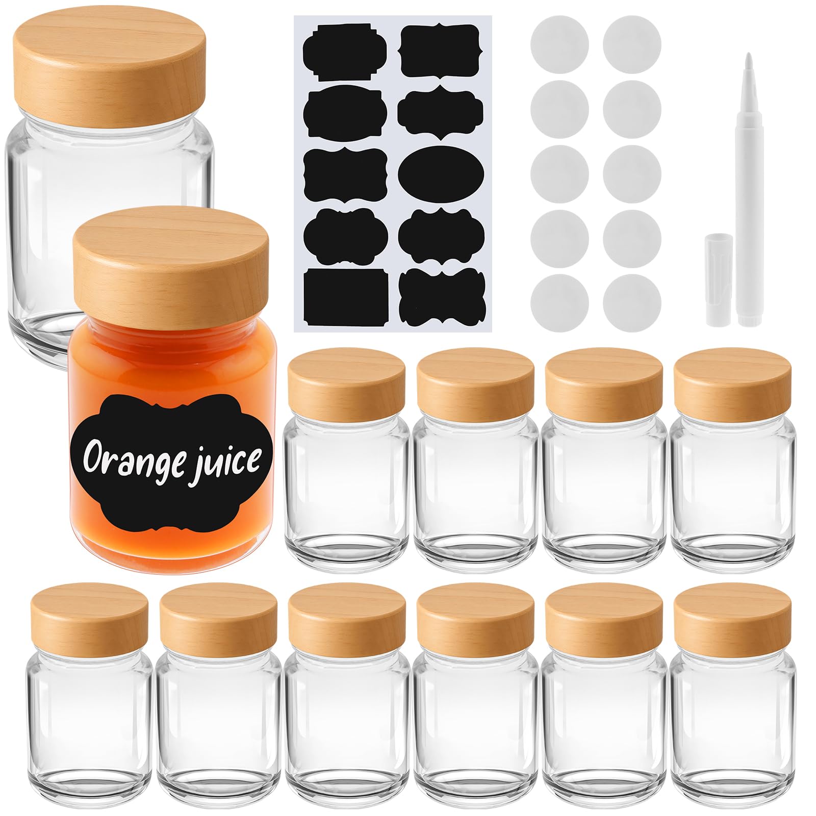 Photo 1 of 12 Pcs 1 oz Glass Shot Bottles with Lids & Labels and Pen Wide Mouth Small Wellness Glass Bottles for Ginger Leakproof Travel Mini Clear Jars for Wellness Ginger Juice (Wood)