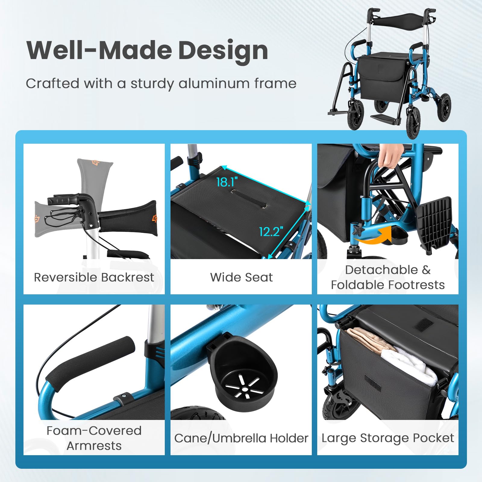 FANTASK 2 in 1 sedia a rotelle e carrello da viaggio, deambulatore in alluminio con design pieghevole, con sistema di altezza, sedia a rotelle con borsa e supporto per bastone (blu)