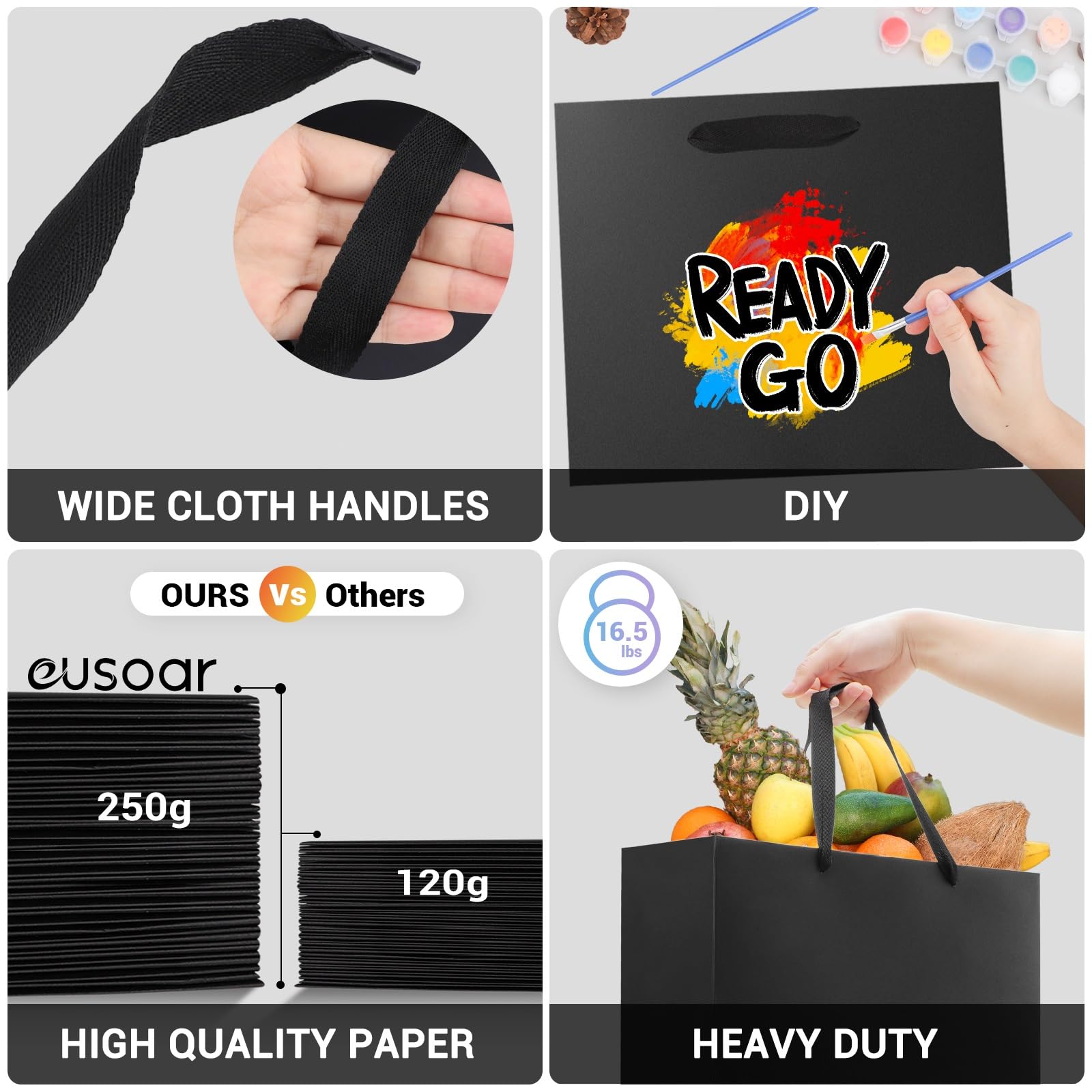 EUSOAR Schwarz Papiertüten mit Henkel - 30 Pack Geschenktüten 32x11.5x28cm L - 250GSM Papiertüten Groß für Geburtstag Party - Schwarz Gift Bags Geschenktaschen